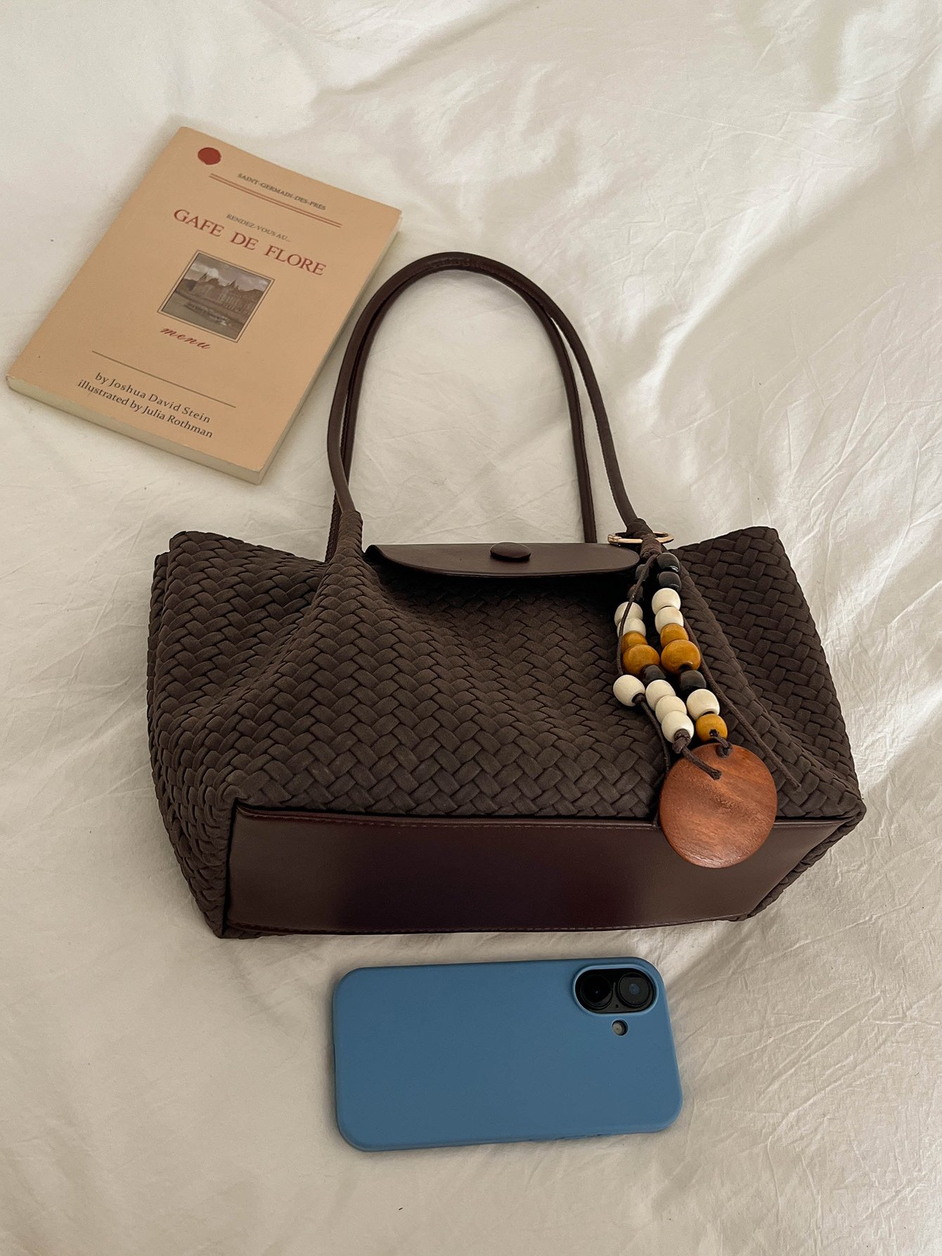 Coffee Brown Texture Shoulder Bag with Zip