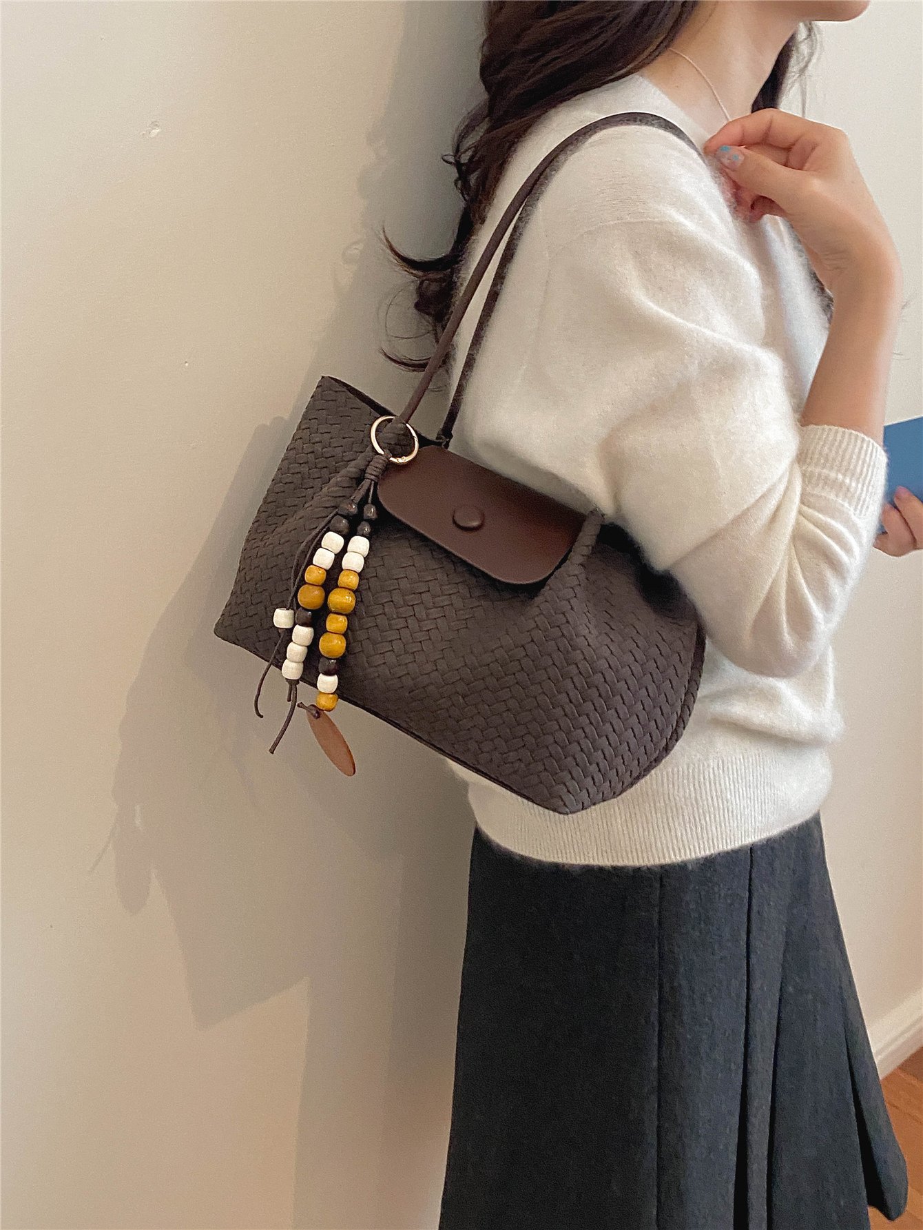 Coffee Brown Texture Shoulder Bag with Zip