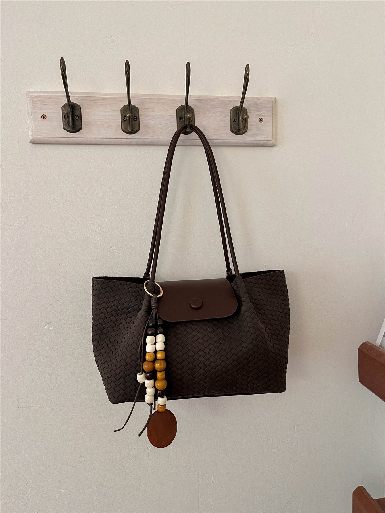 Coffee Brown Texture Shoulder Bag with Zip