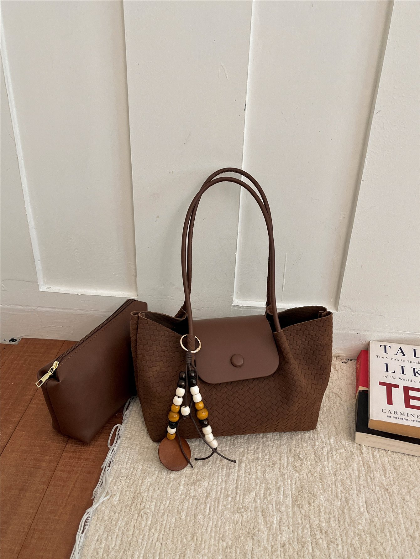 Brown Texture Shoulder Bag with Magnetic