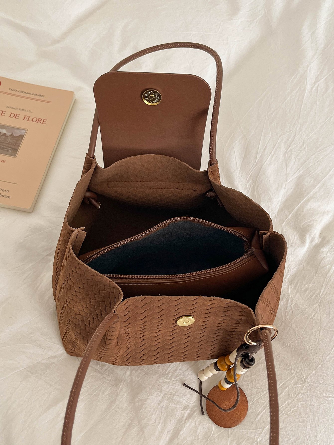 Brown Texture Shoulder Bag with Magnetic
