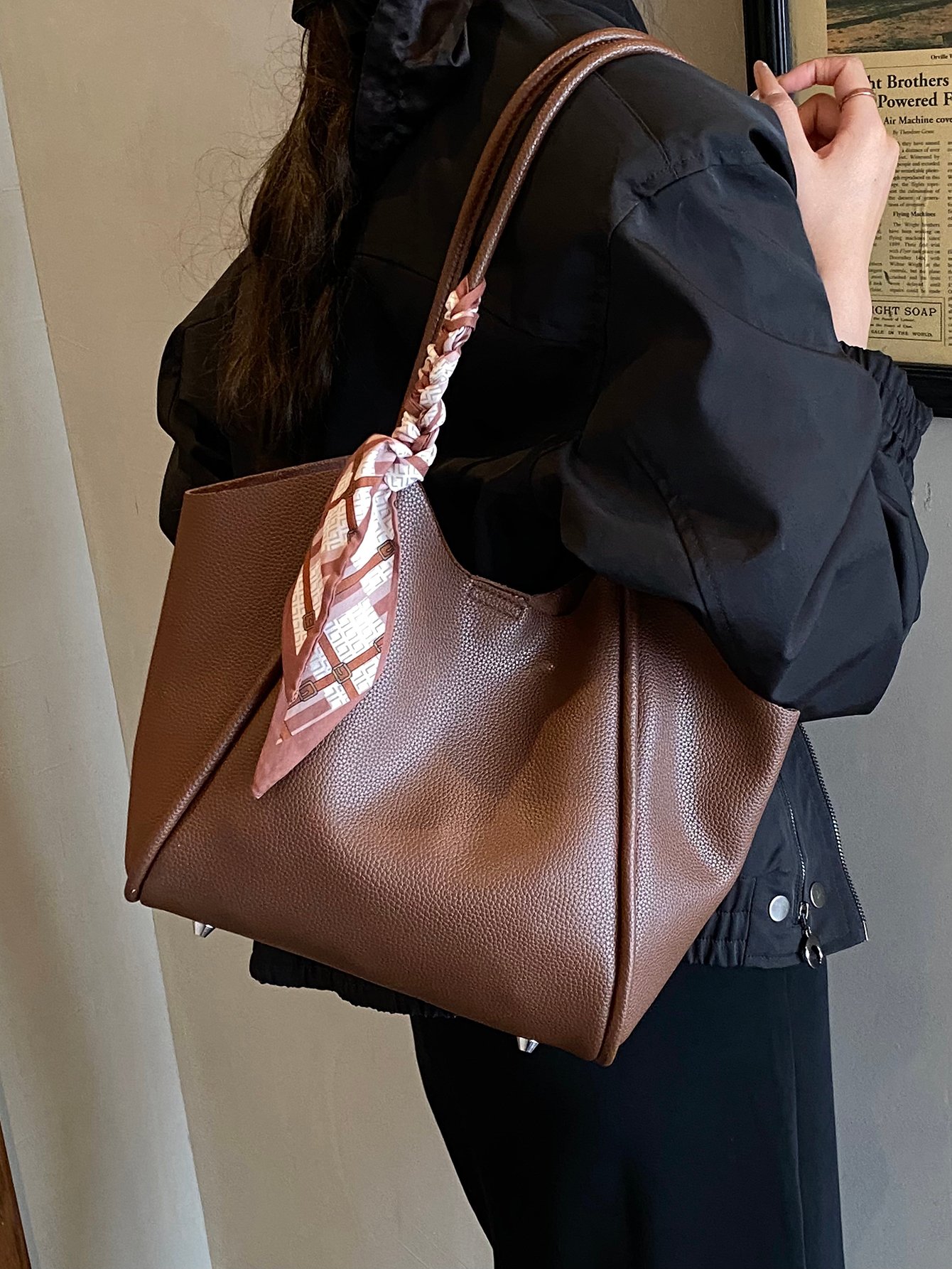 Coffee Brown Solid Shoulder Bag with Magnetic