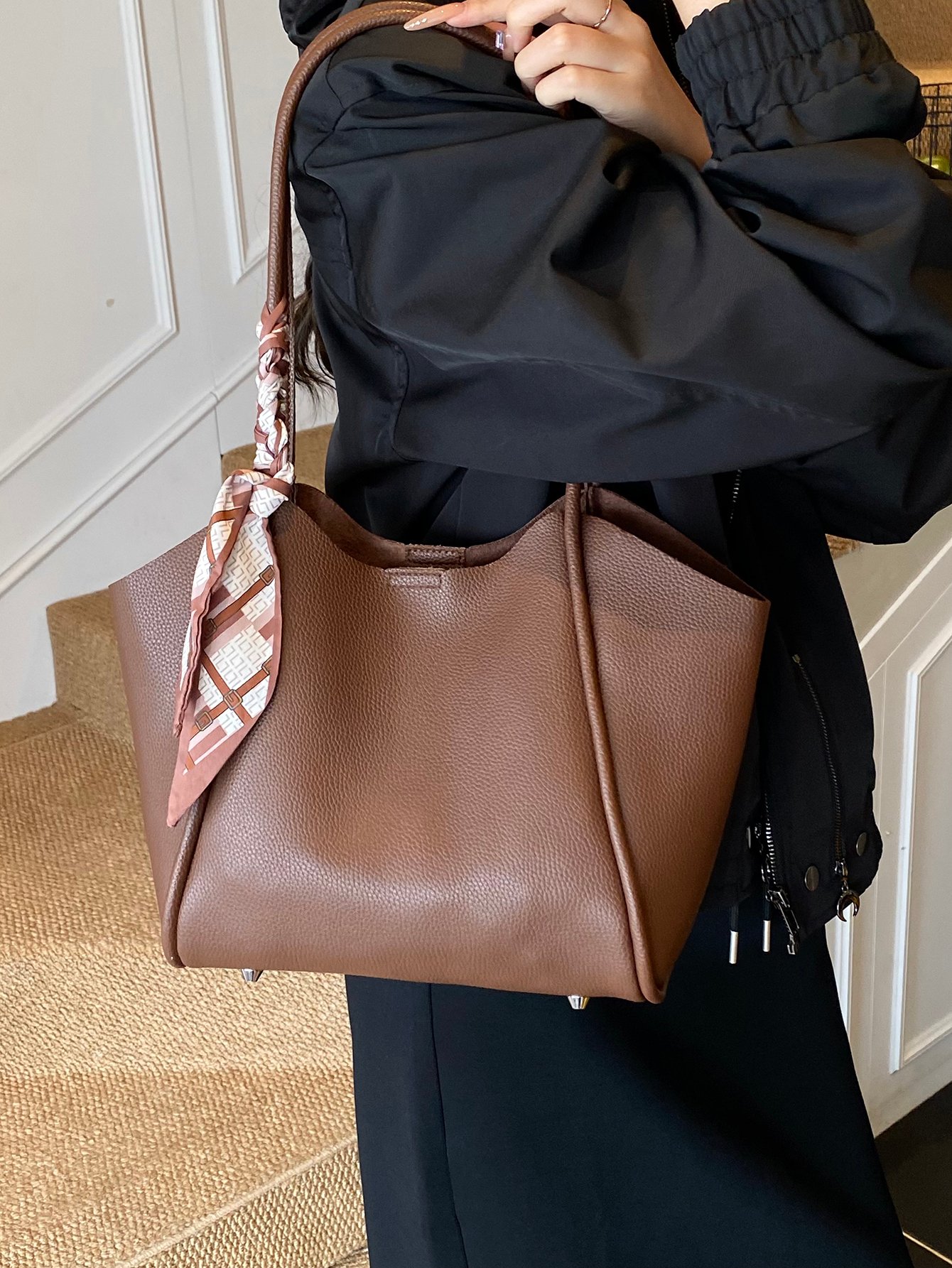 Coffee Brown Solid Shoulder Bag with Magnetic