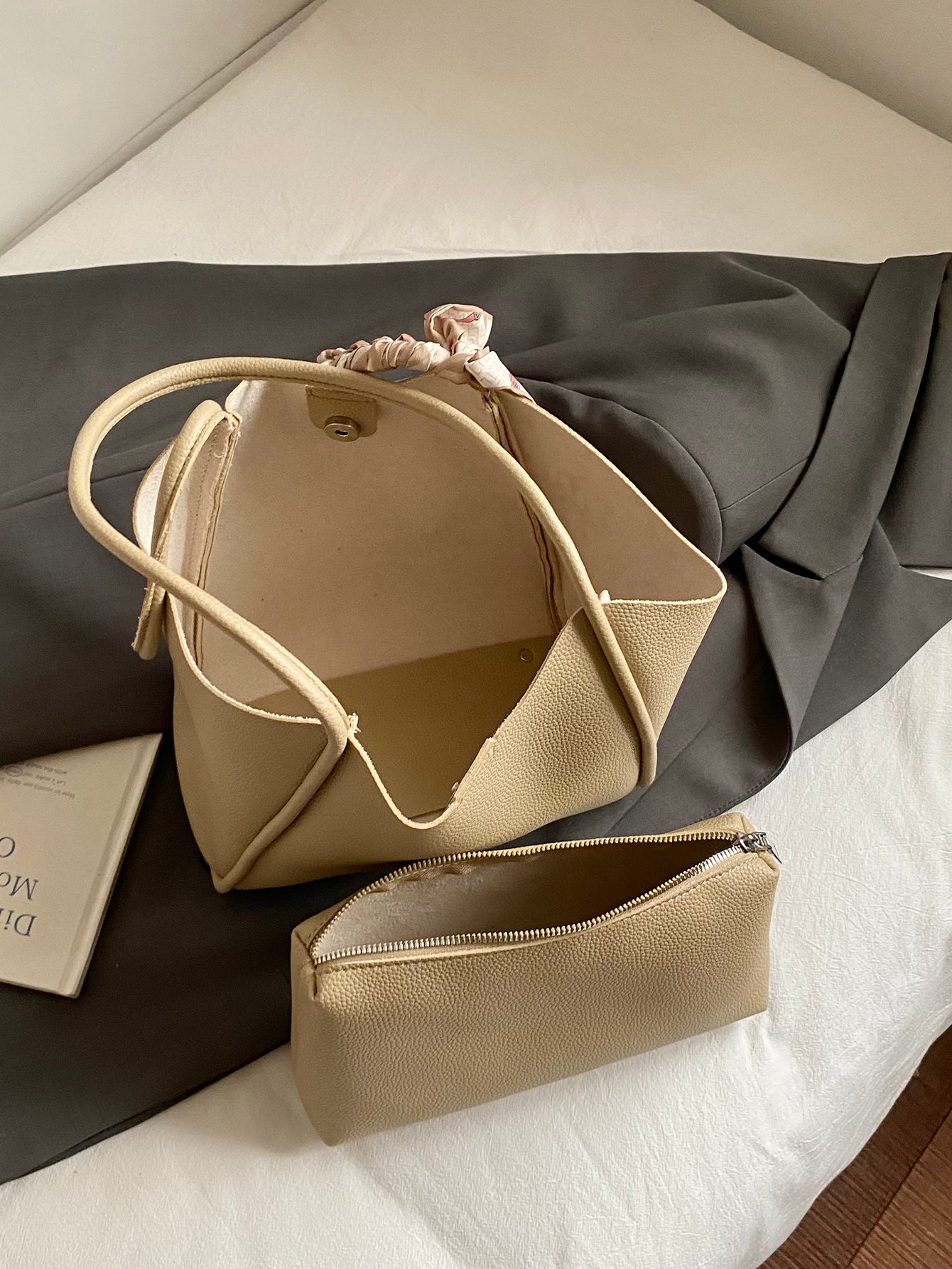 Khaki Solid Tote with Zip