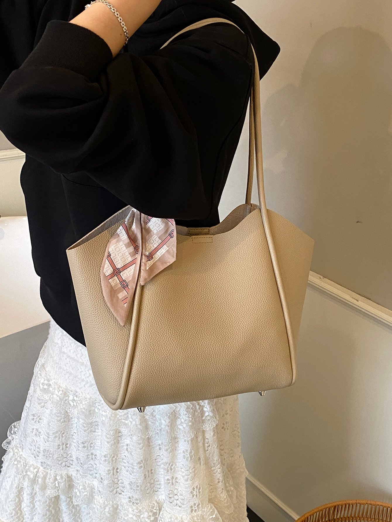Khaki Solid Tote with Zip