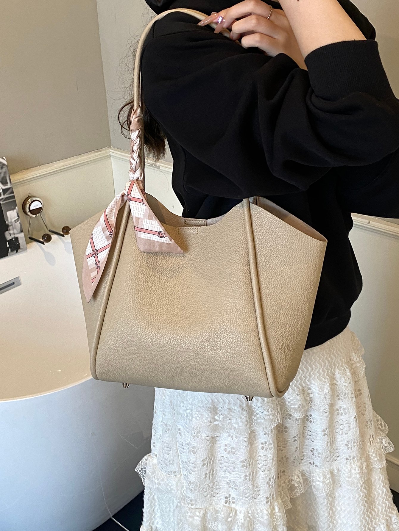 Khaki Solid Tote with Zip