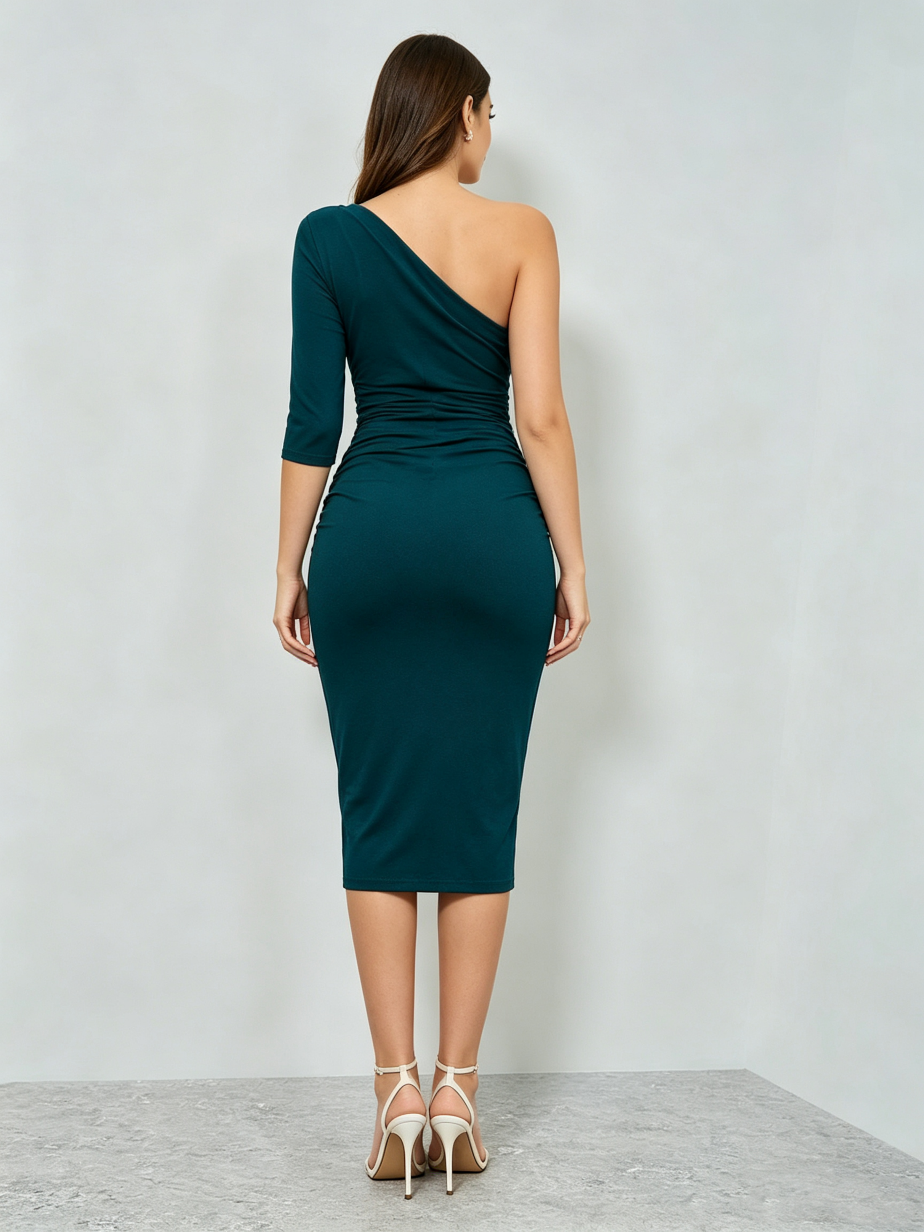 Dark Green Solid One Shoulder Neck A-Line Knee length Dress