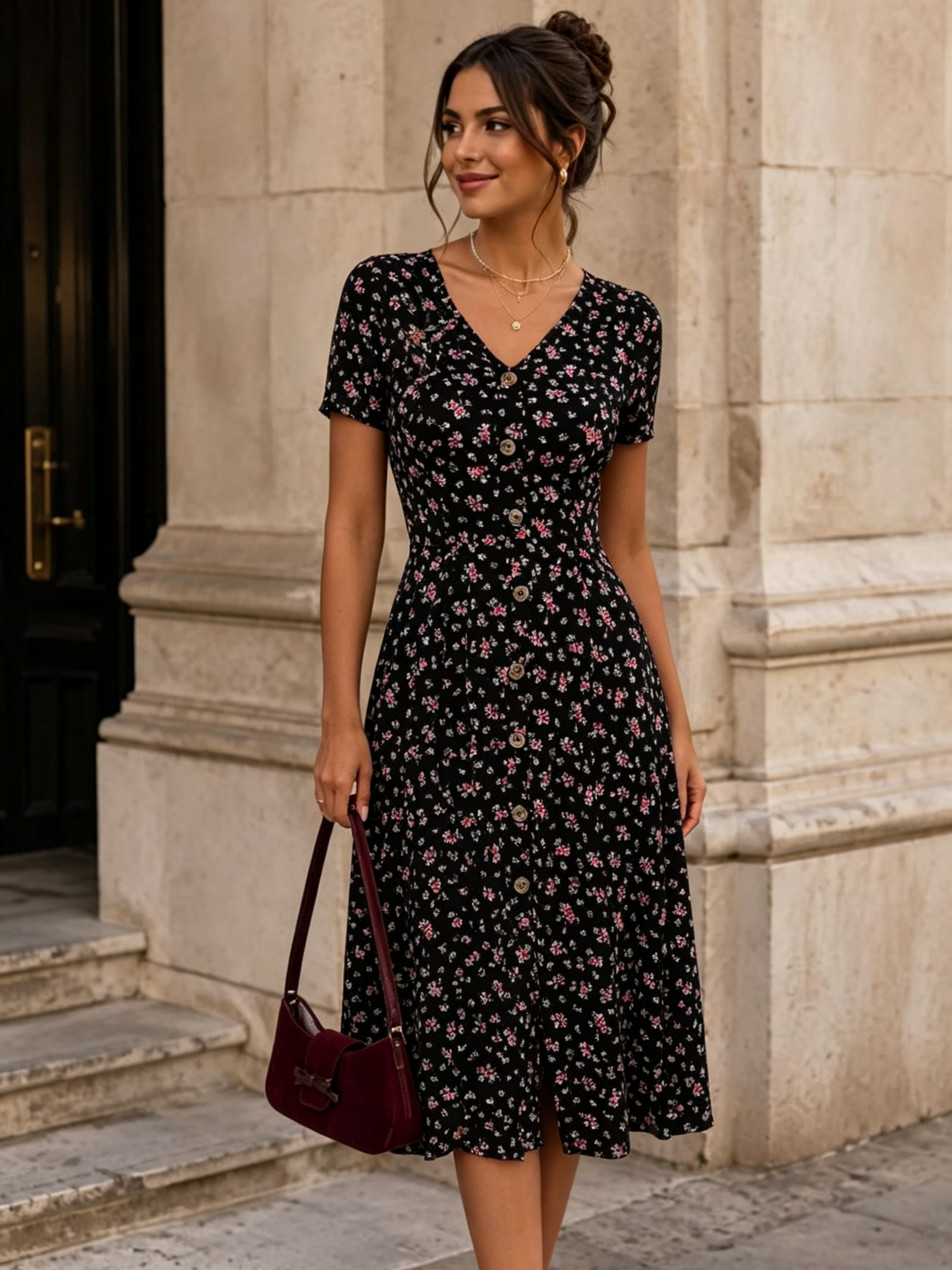 Black Solid V Neck A-Line Knee length Dress