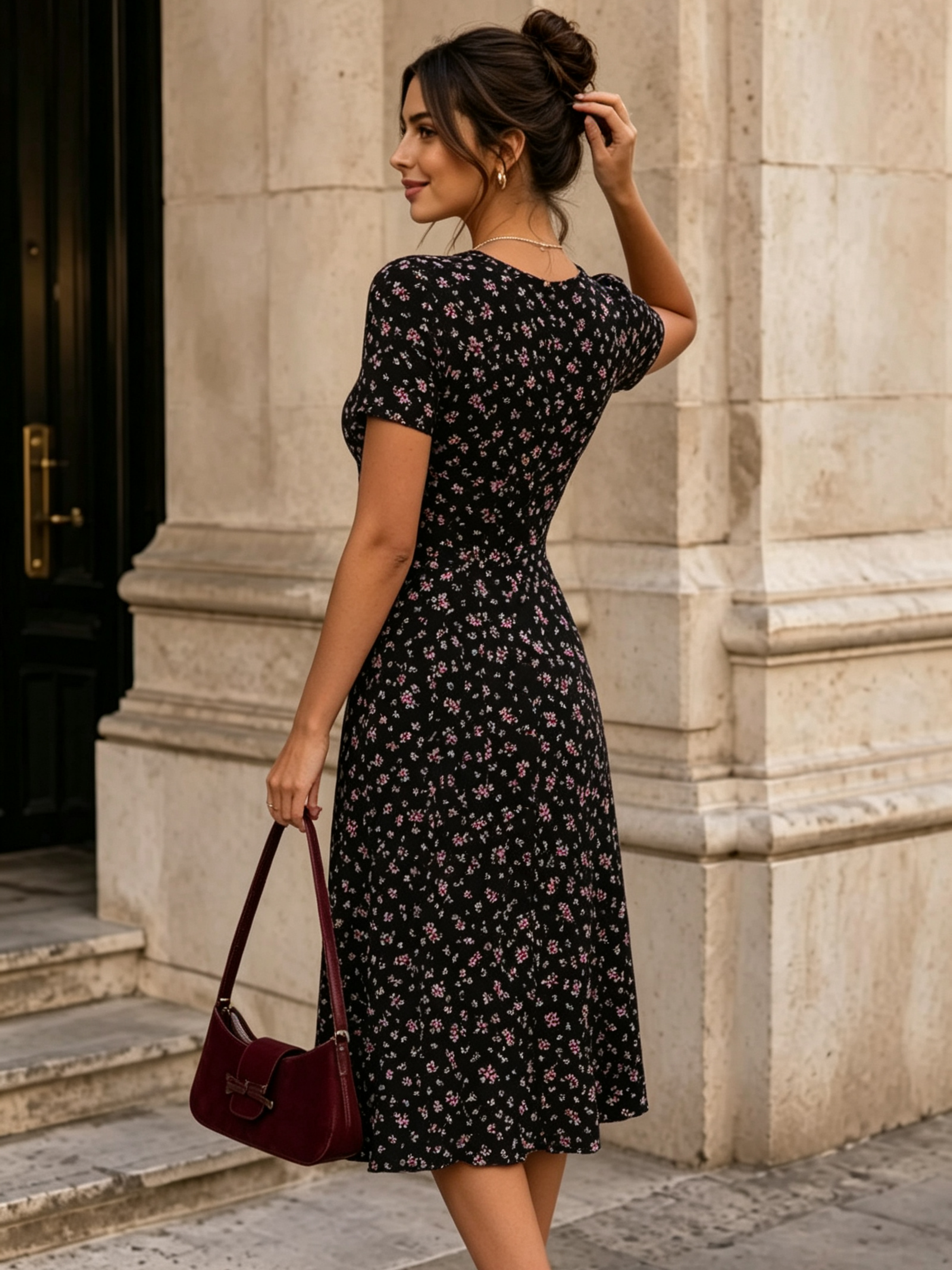Black Solid V Neck A-Line Knee length Dress