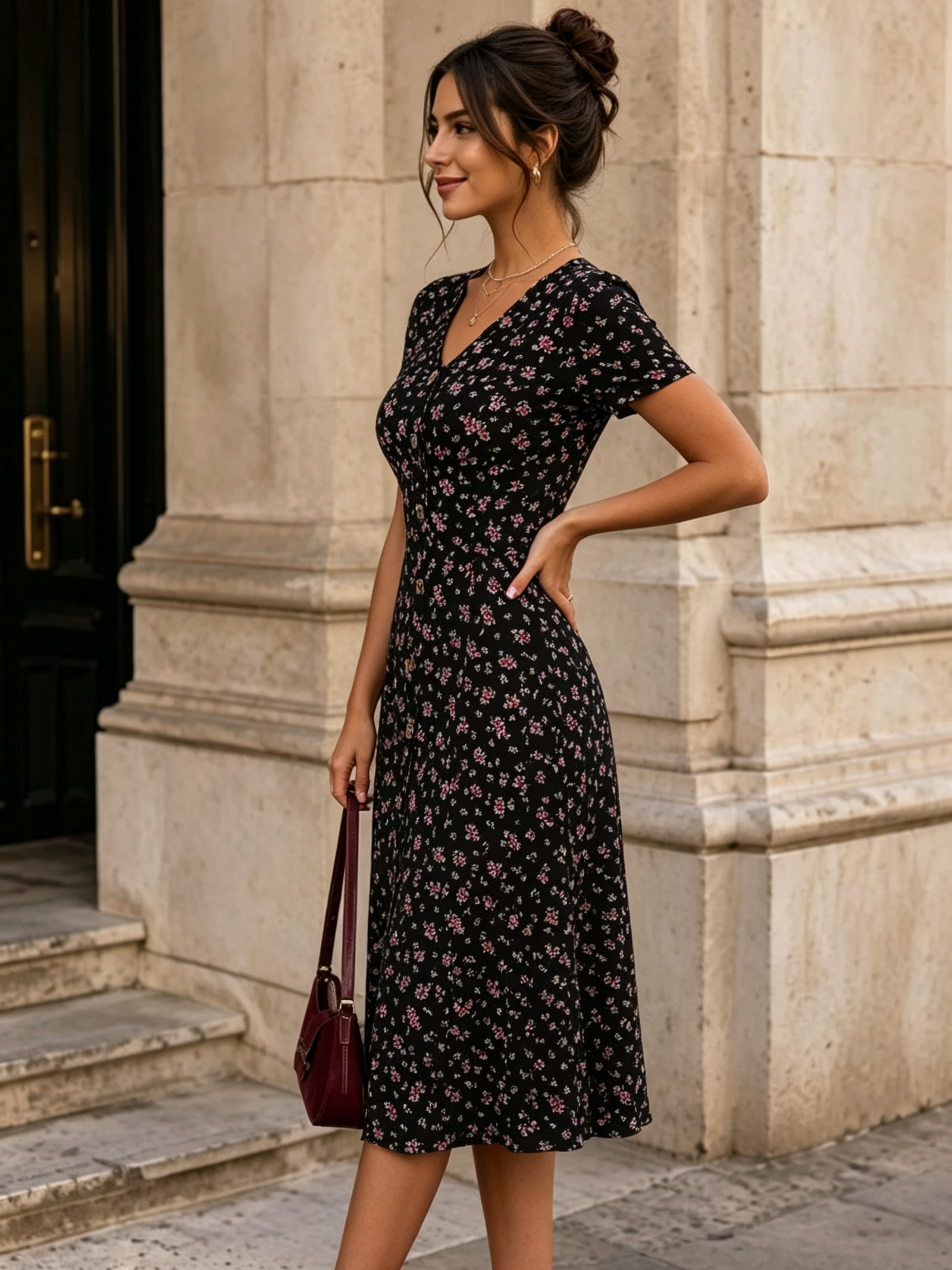Black Solid V Neck A-Line Knee length Dress