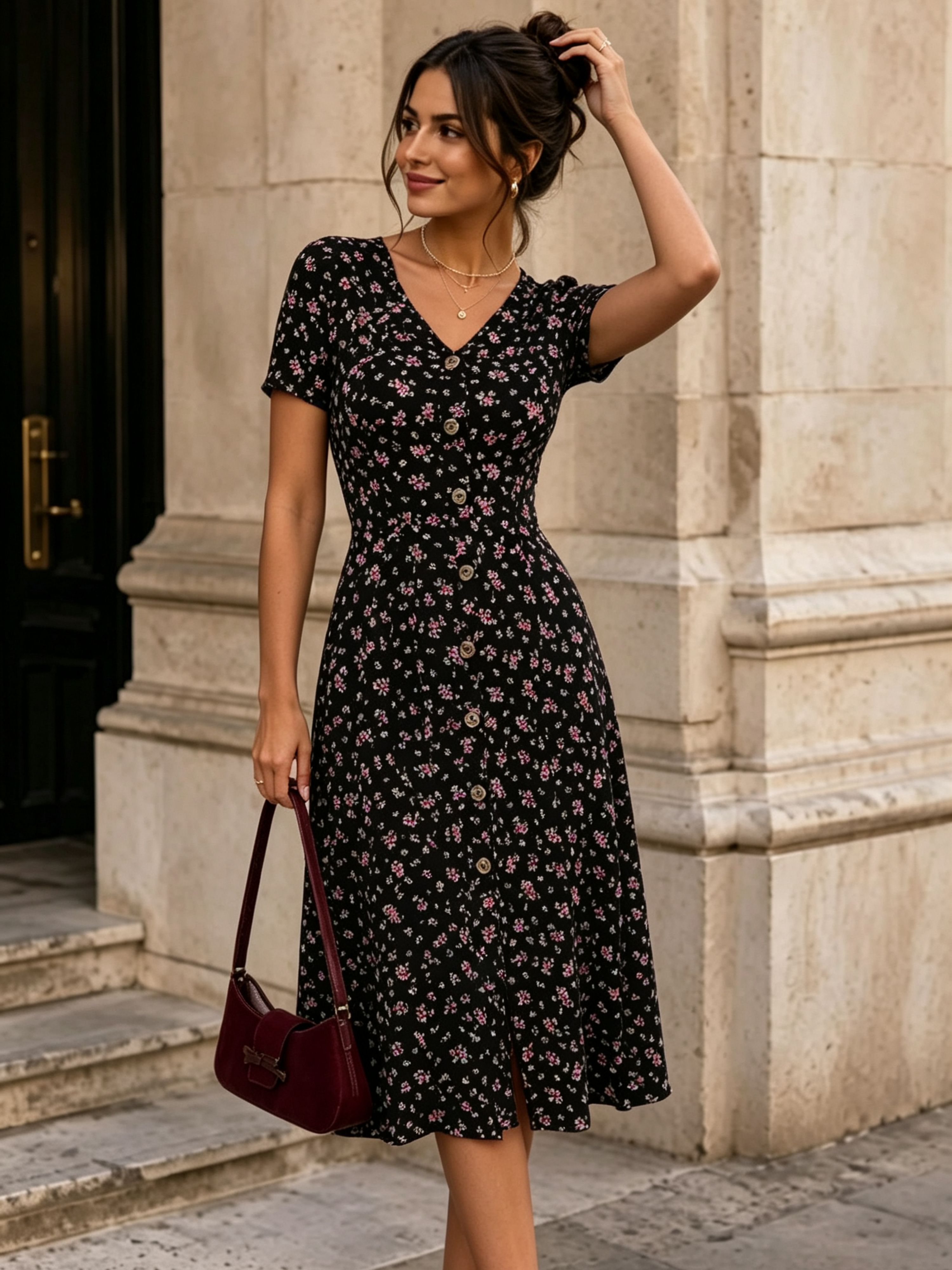 Black Solid V Neck A-Line Knee length Dress