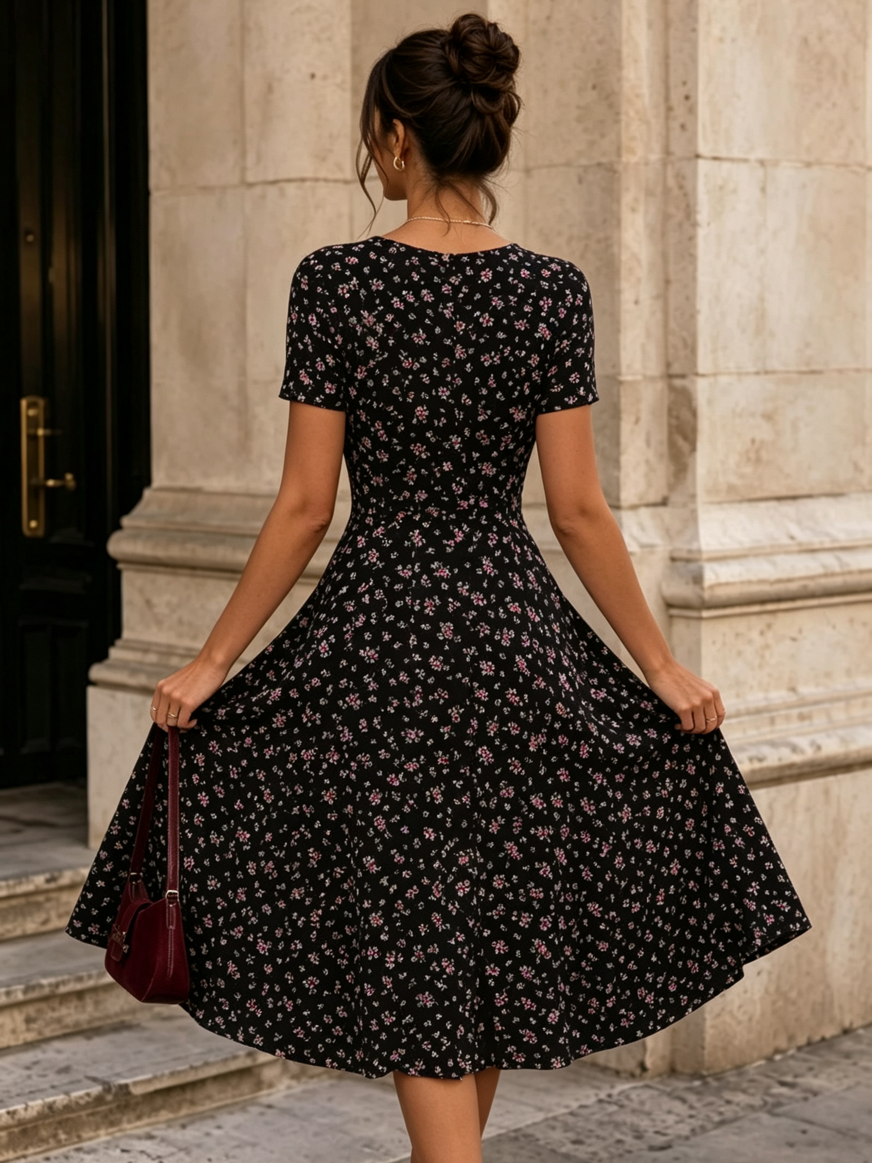 Black Solid V Neck A-Line Knee length Dress