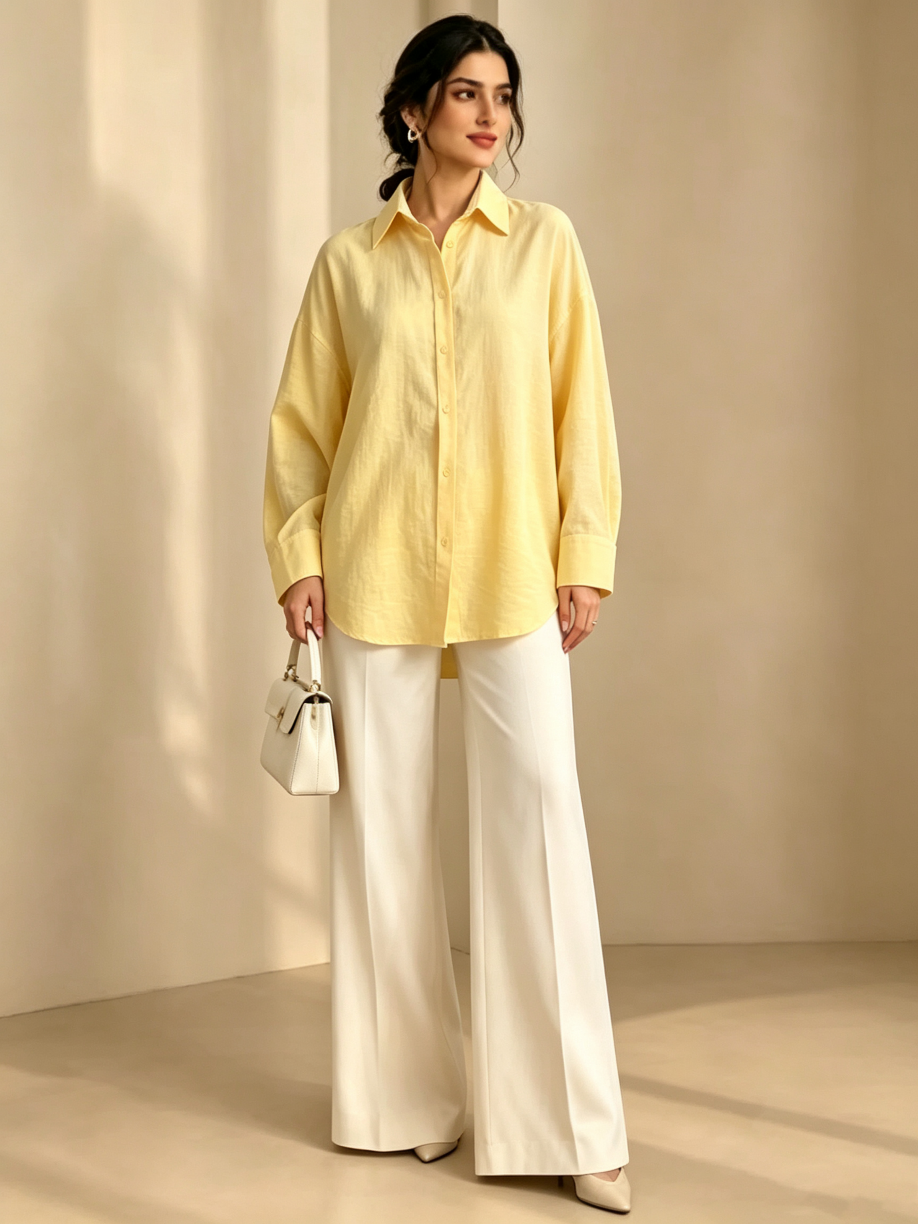 Yellow Solid Long Sleeves Oversized Shirt