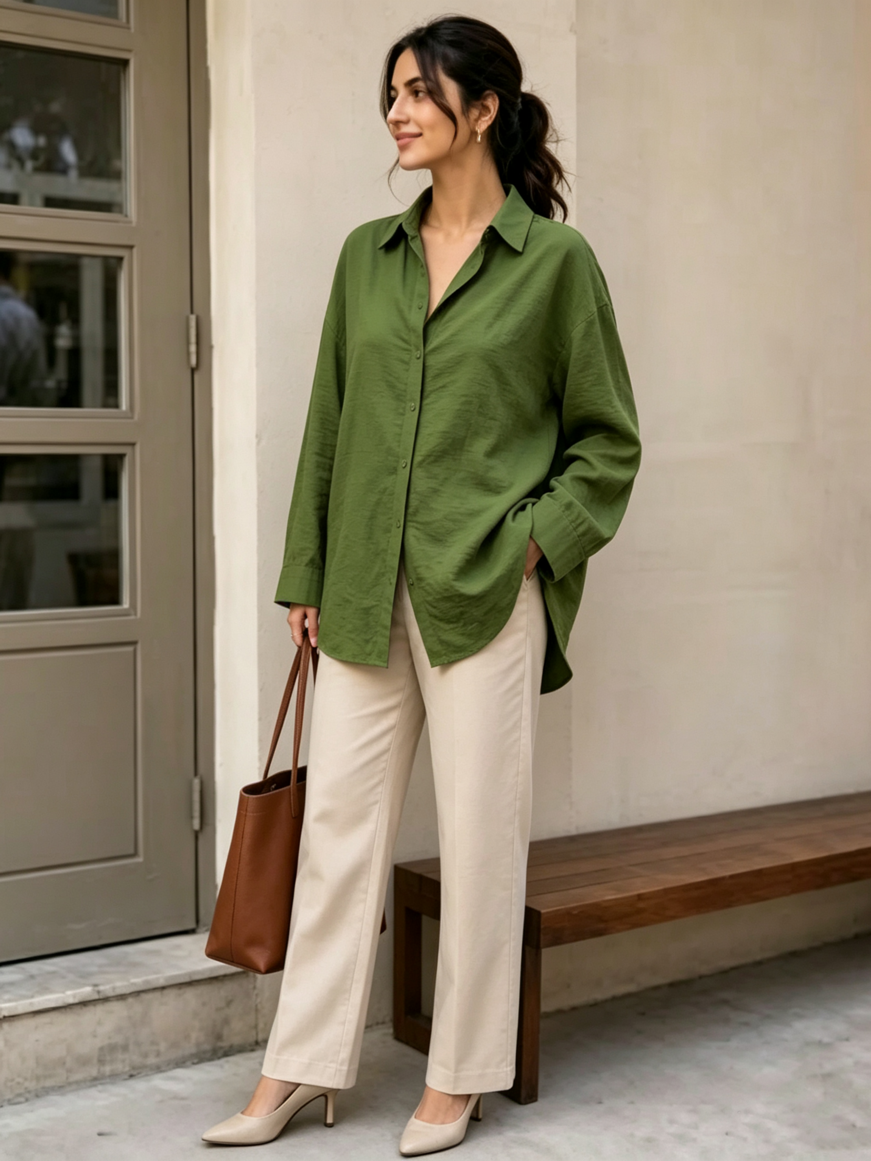 Green Solid Long Sleeves Oversized Shirt
