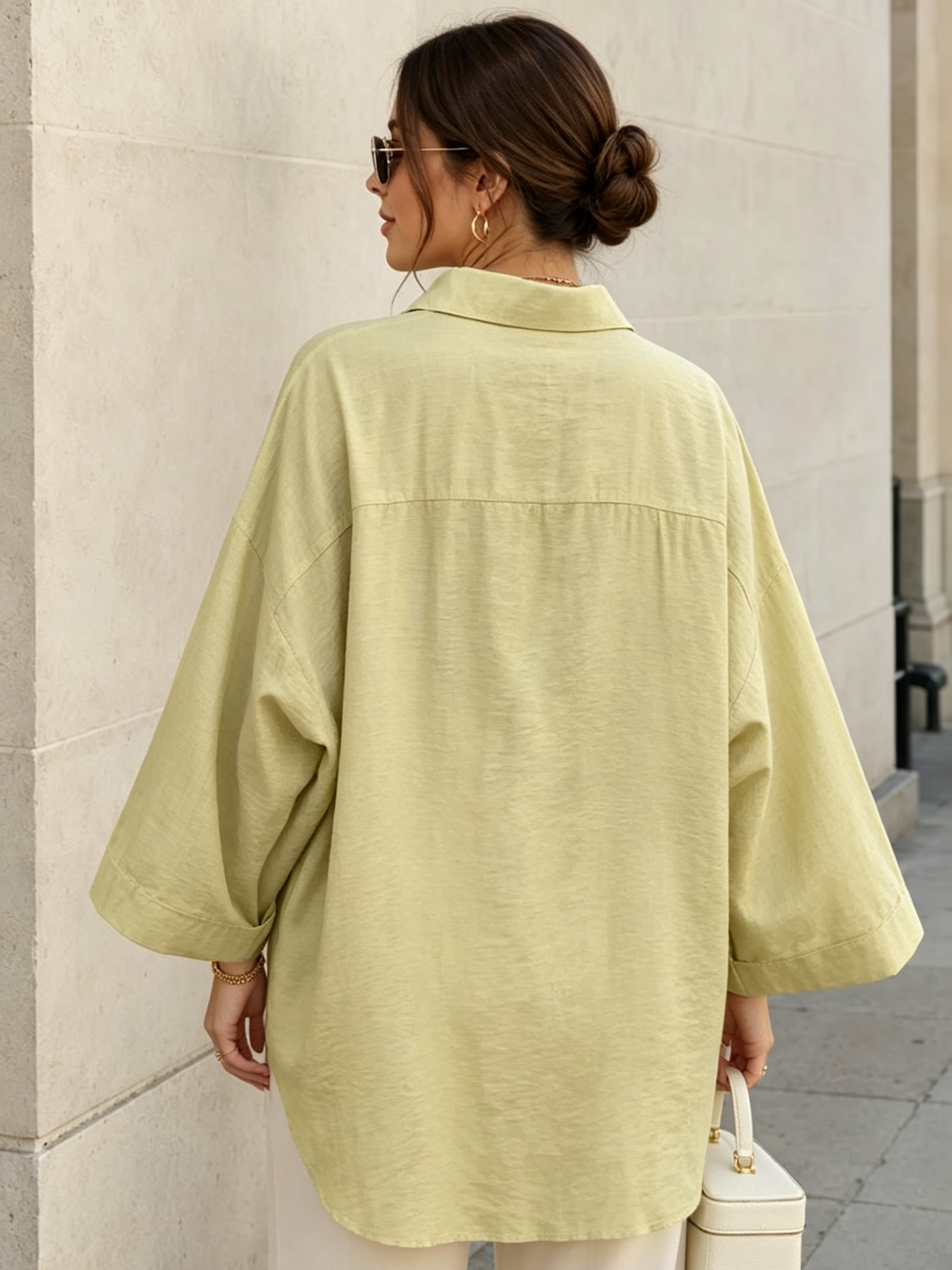 Green Solid 3/4 Sleeves Oversized Shirt