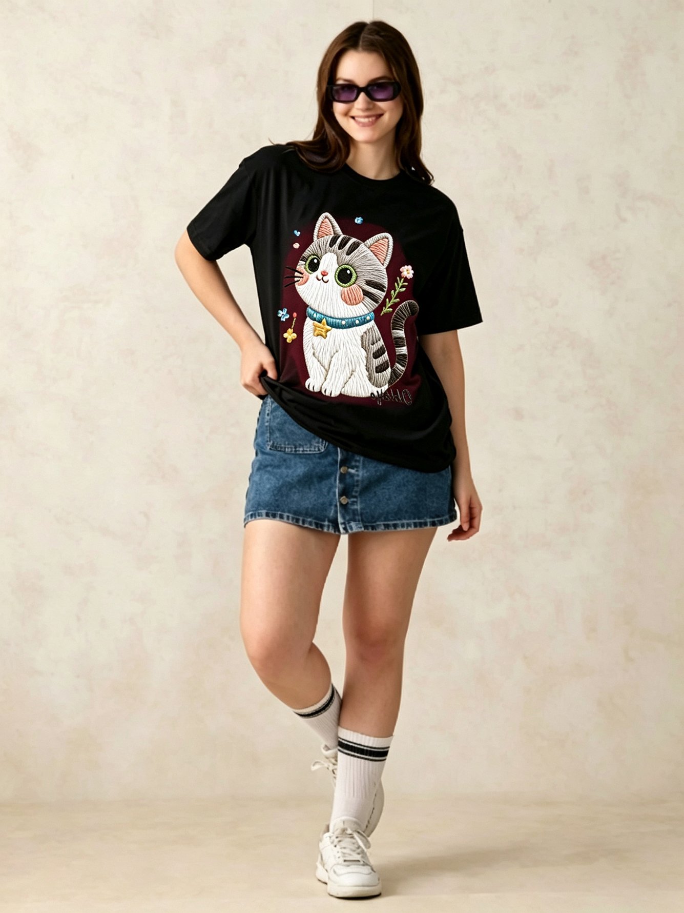Black Printed Round Neck Regular T-Shirt