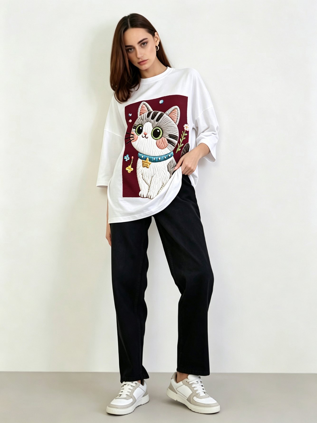 White Printed Round Neck Regular T-Shirt