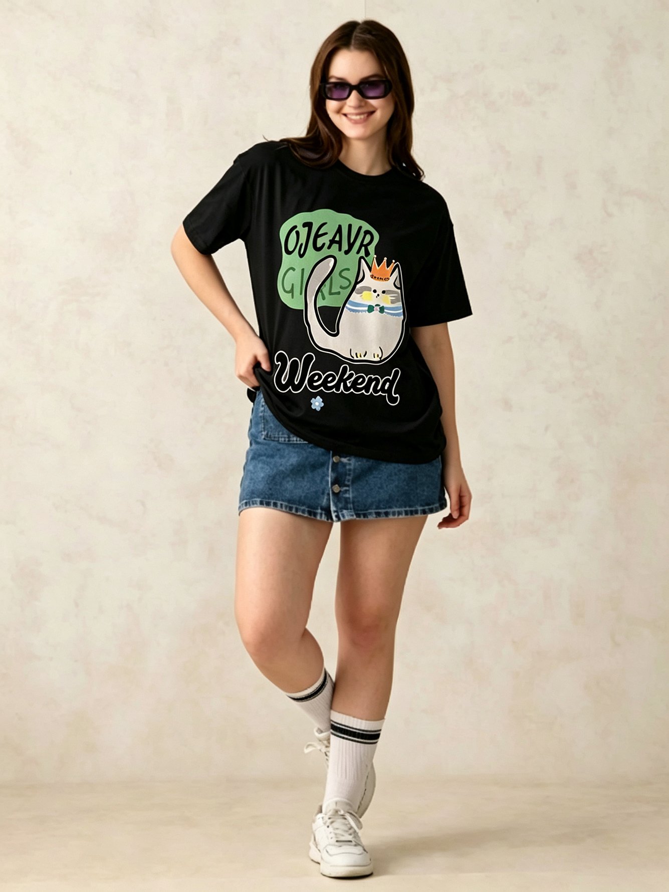 Black Printed Round Neck Regular T-Shirt