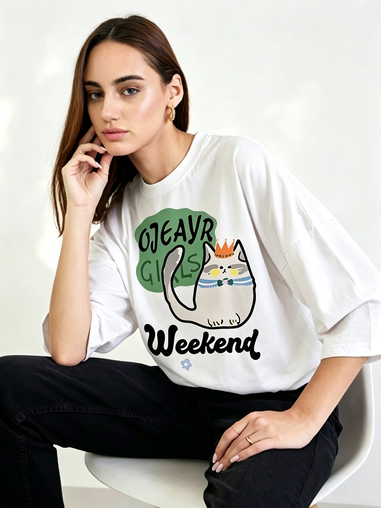 White Printed Round Neck Regular T-Shirt