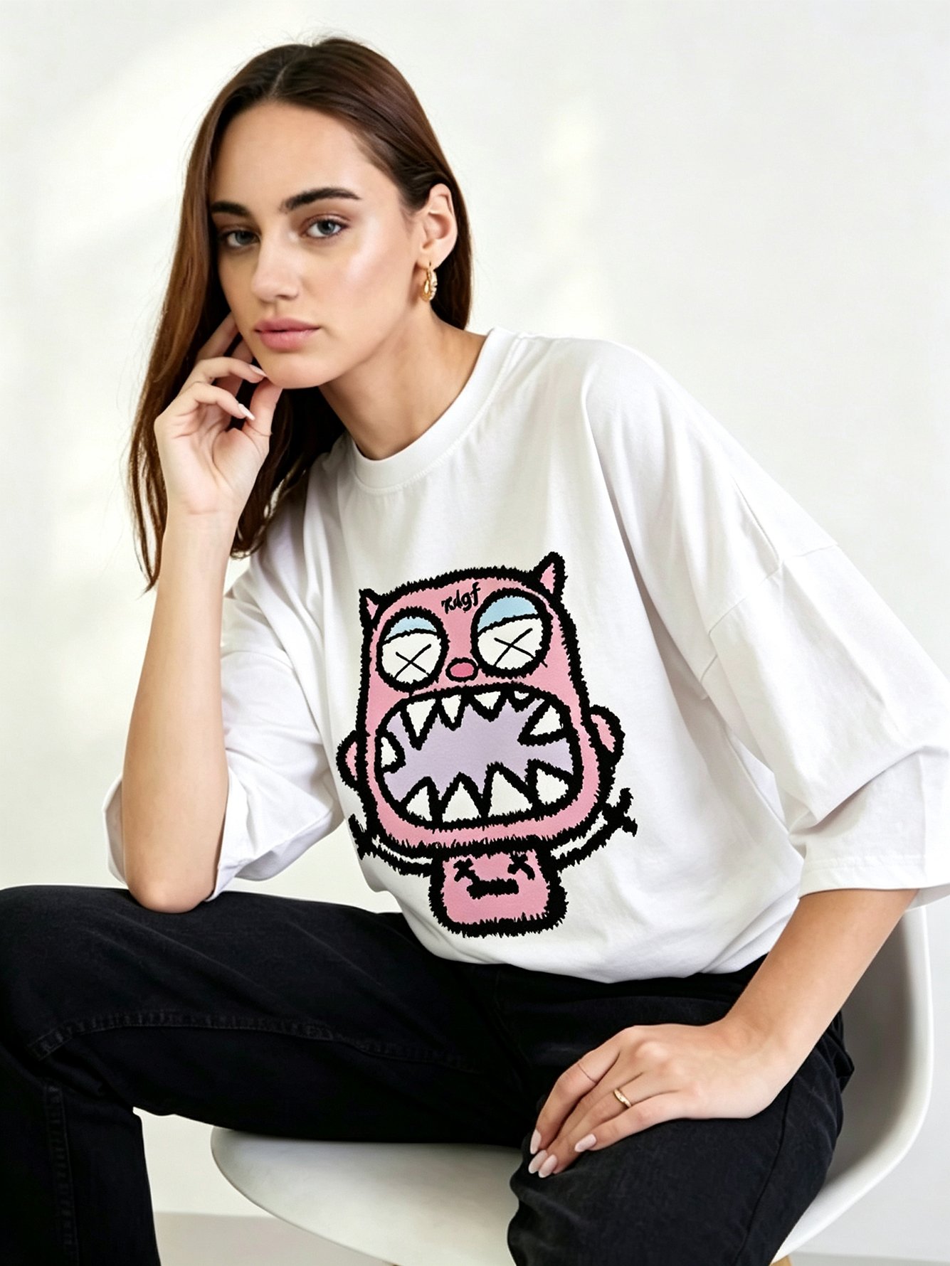White Printed Round Neck Regular T-Shirt