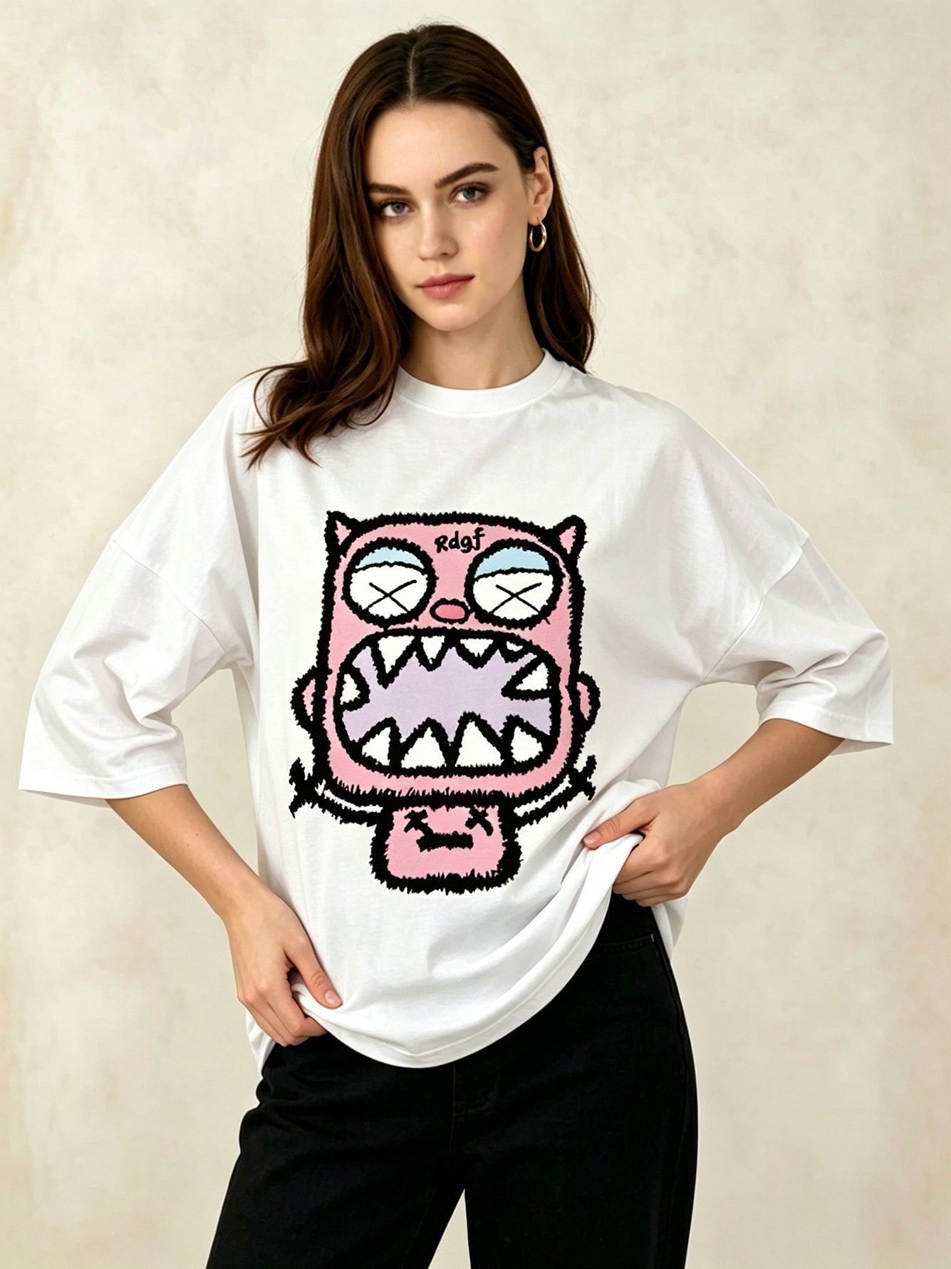 White Printed Round Neck Regular T-Shirt