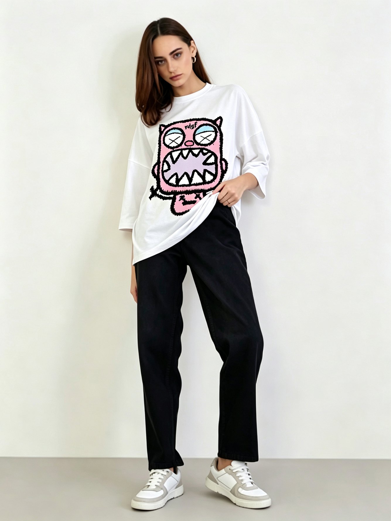 White Printed Round Neck Regular T-Shirt