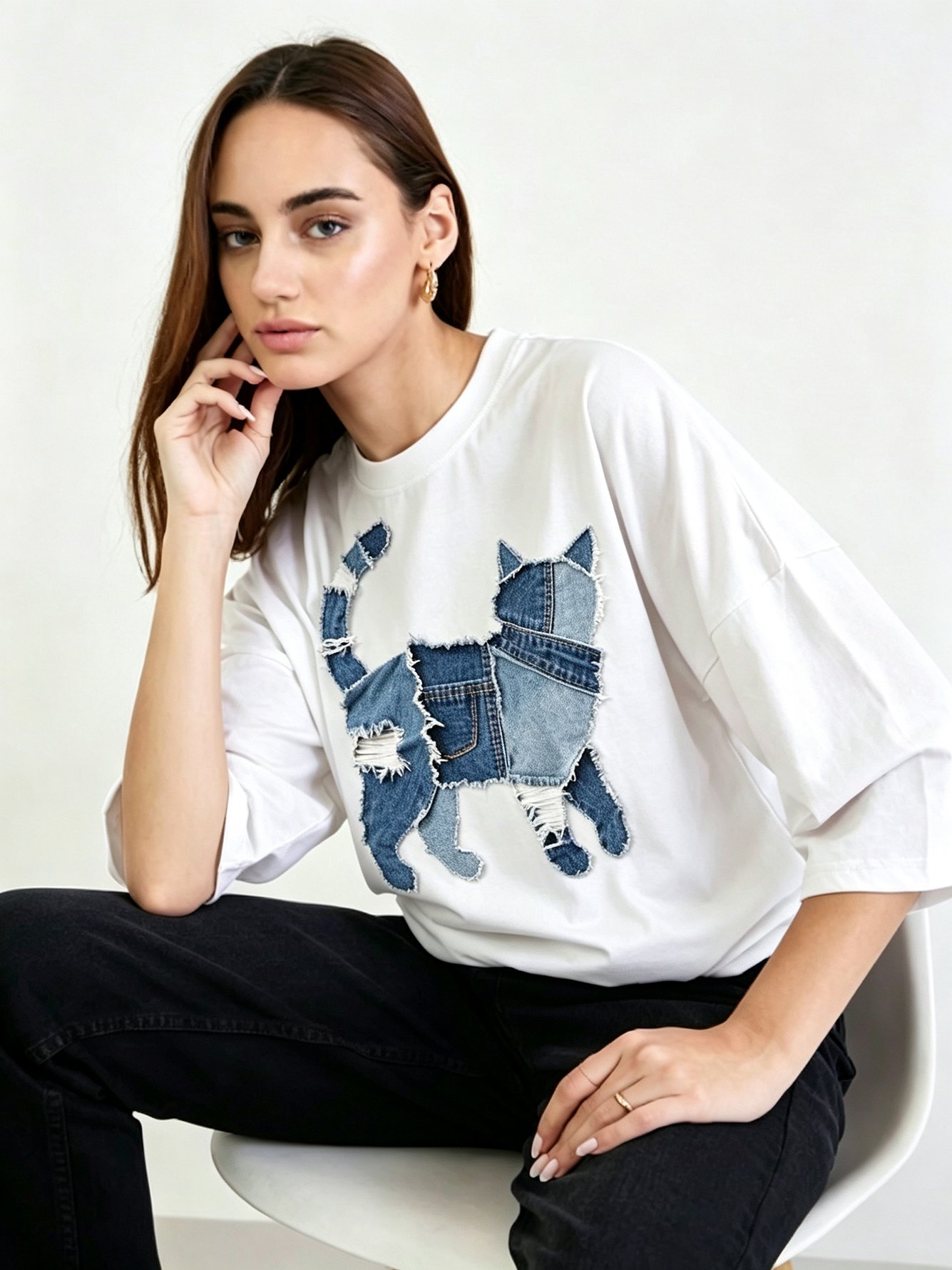 White Printed Round Neck Regular T-Shirt