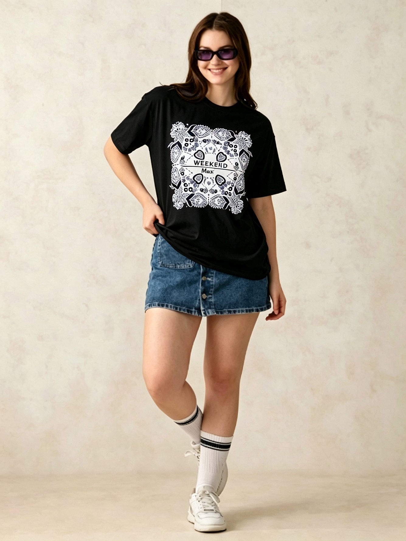 Black Printed Round Neck Regular T-Shirt