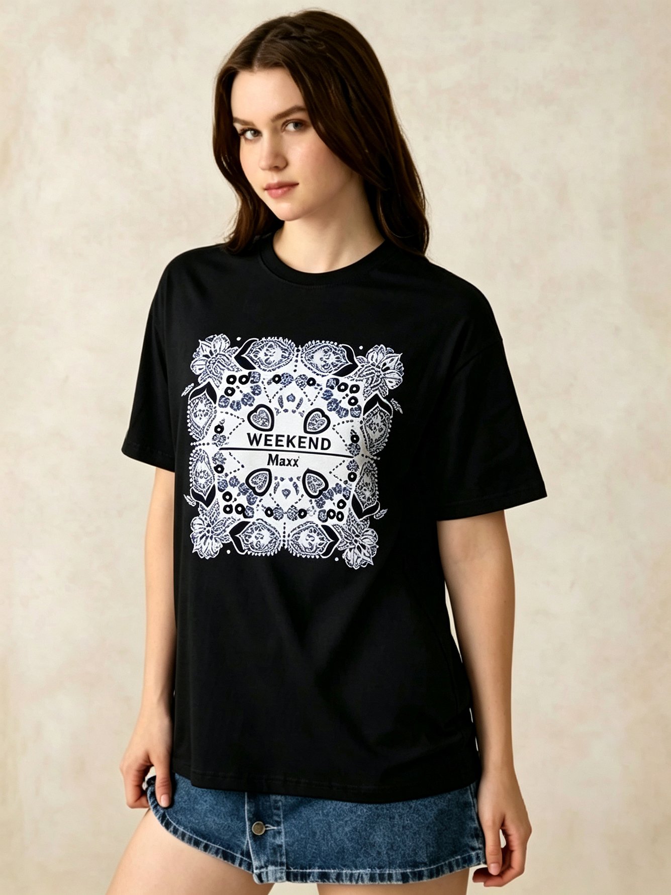 Black Printed Round Neck Regular T-Shirt