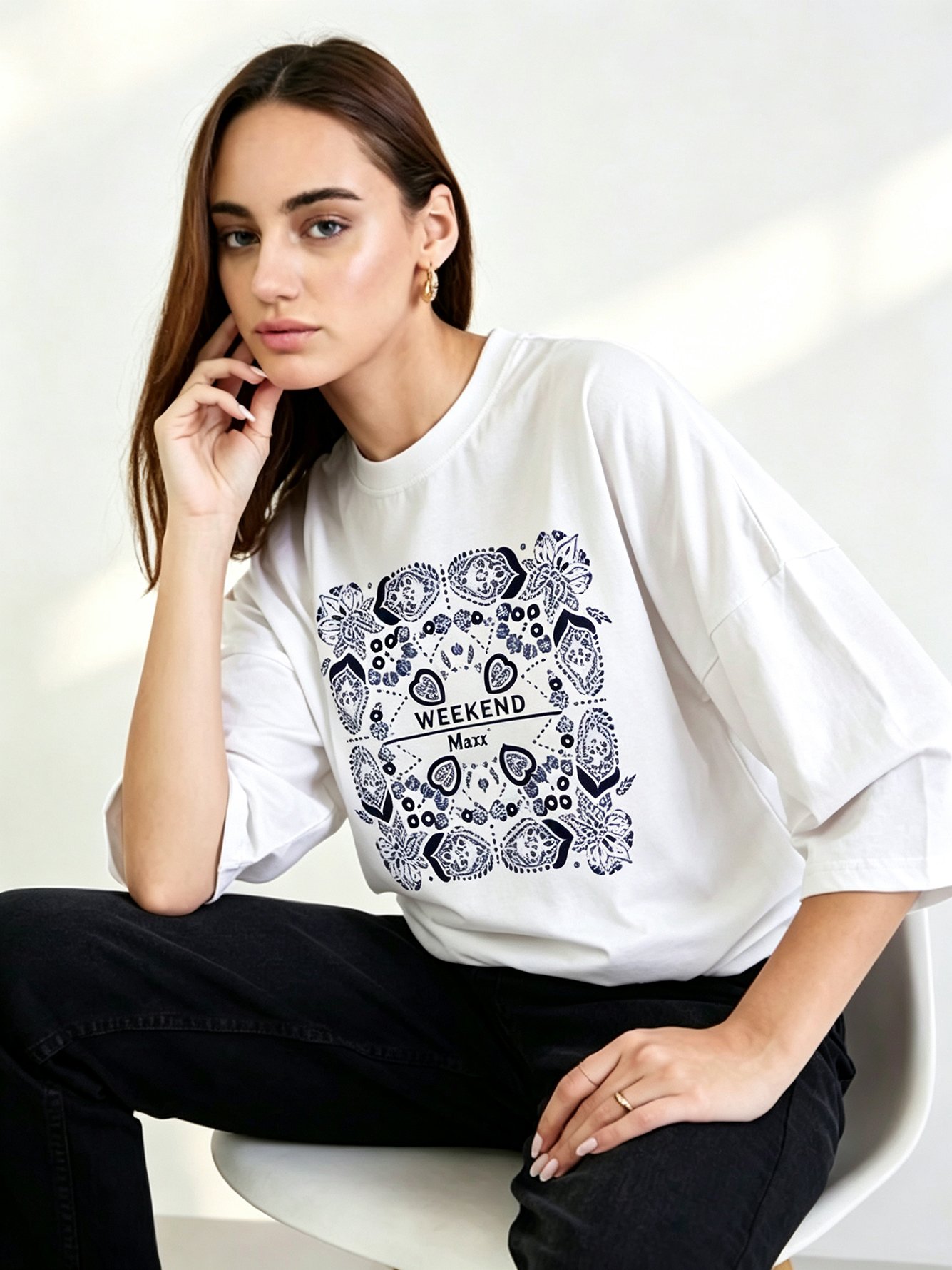 White Printed Round Neck Regular T-Shirt