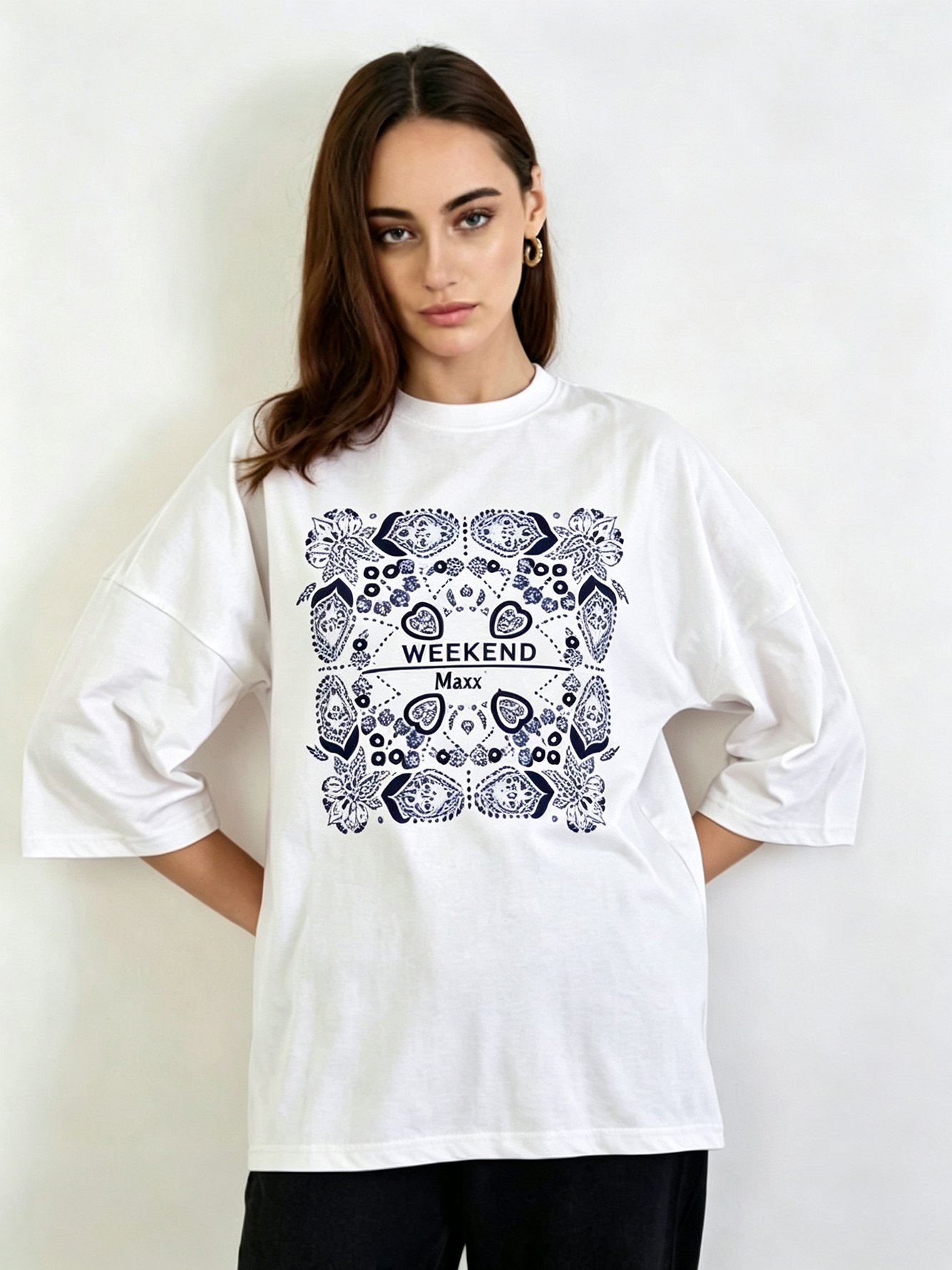 White Printed Round Neck Regular T-Shirt