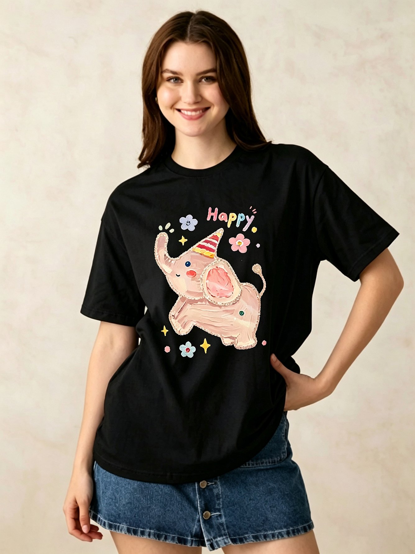 Black Printed Round Neck Regular T-Shirt