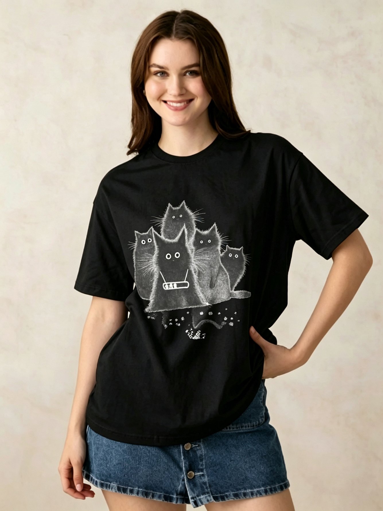 Black Printed Round Neck Regular T-Shirt
