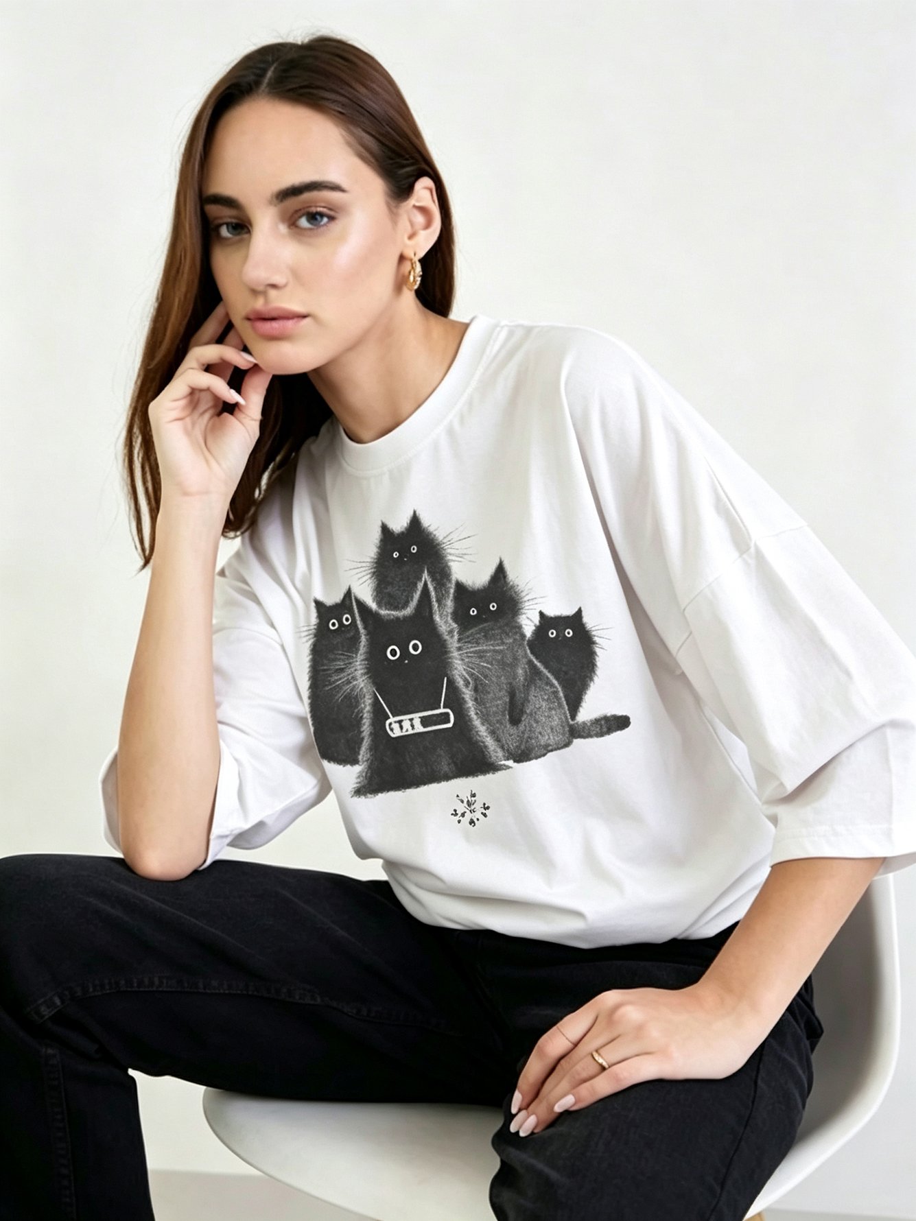 White Printed Round Neck Regular T-Shirt