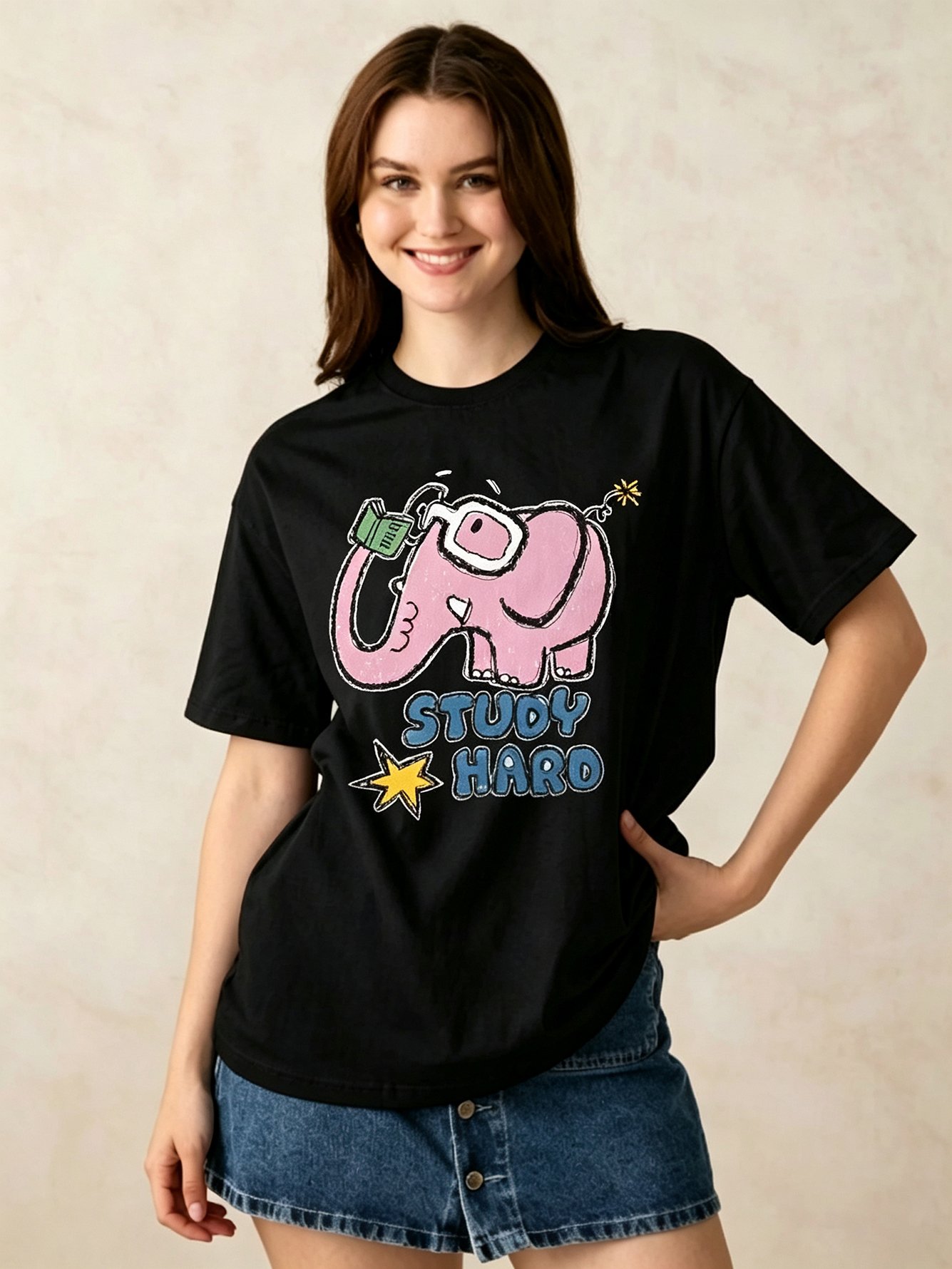 Black Printed Round Neck Regular T-Shirt