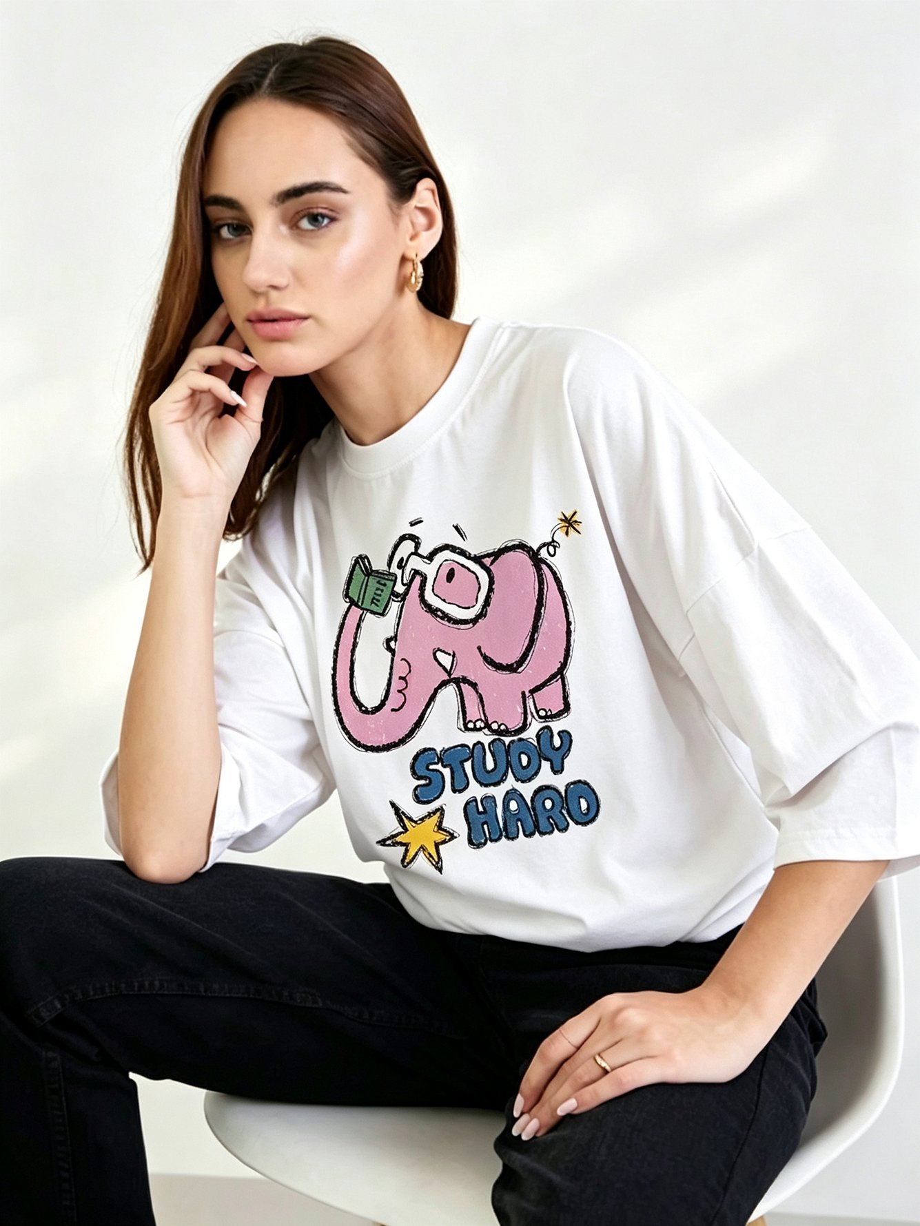 White Printed Round Neck Regular T-Shirt