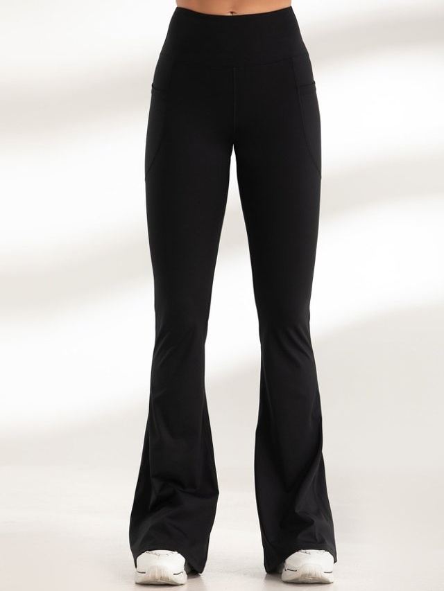 Black Solid Flare Activewear Leggings with Pockets