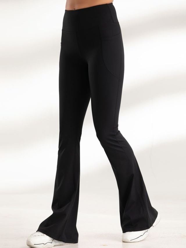 Black Solid Flare Activewear Leggings with Pockets