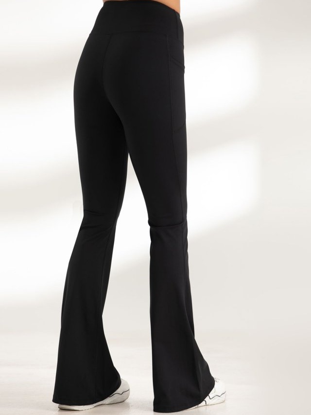 Black Solid Flare Activewear Leggings with Pockets