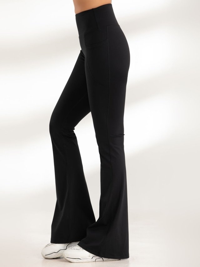 Black Solid Flare Activewear Leggings with Pockets
