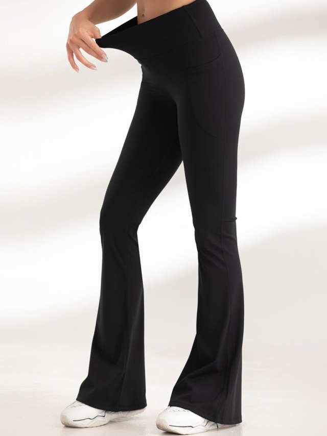Black Solid Flare Activewear Leggings with Pockets