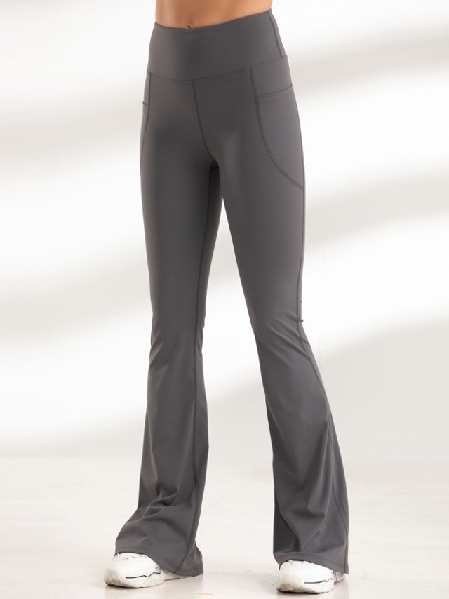 Grey Solid Flare Activewear Leggings with Pockets