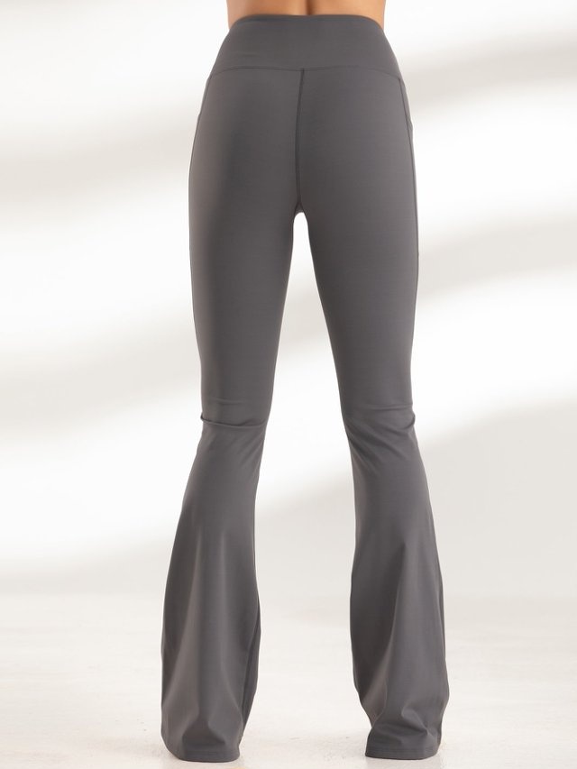 Grey Solid Flare Activewear Leggings with Pockets