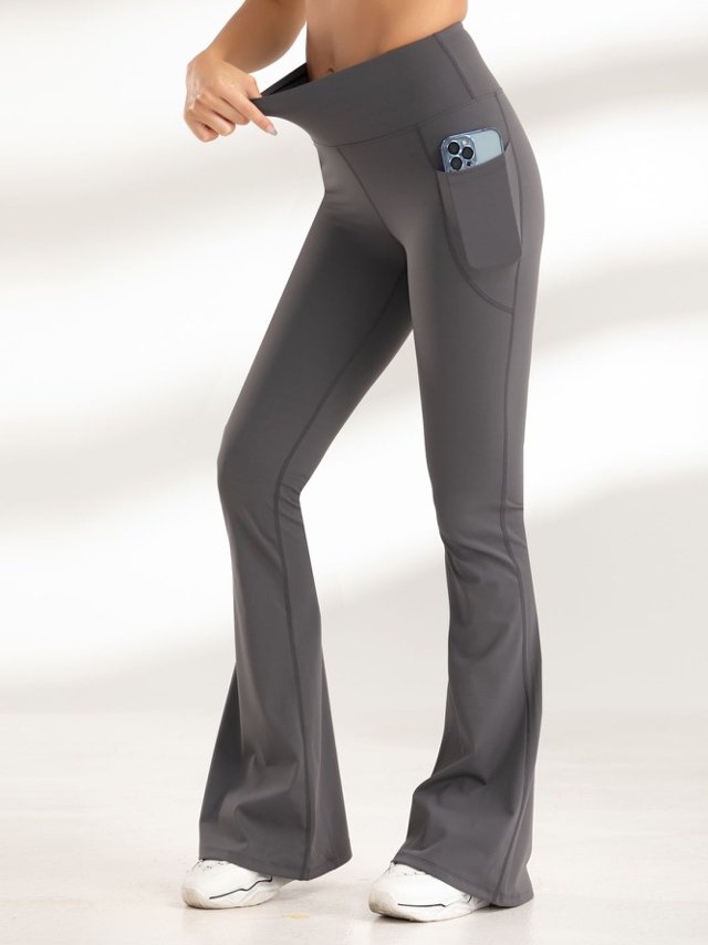 Grey Solid Flare Activewear Leggings with Pockets