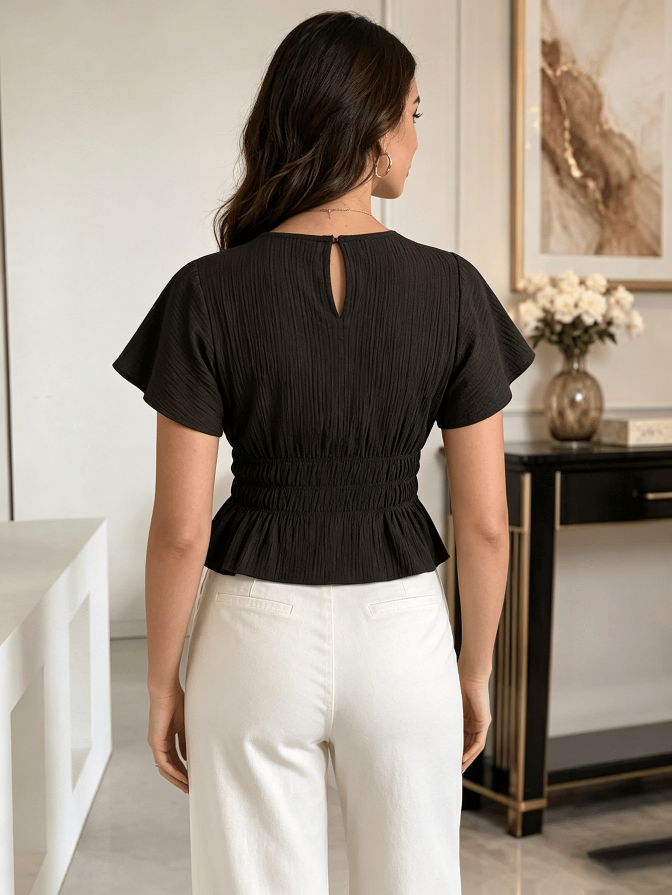 Black Texture Round Neck Top