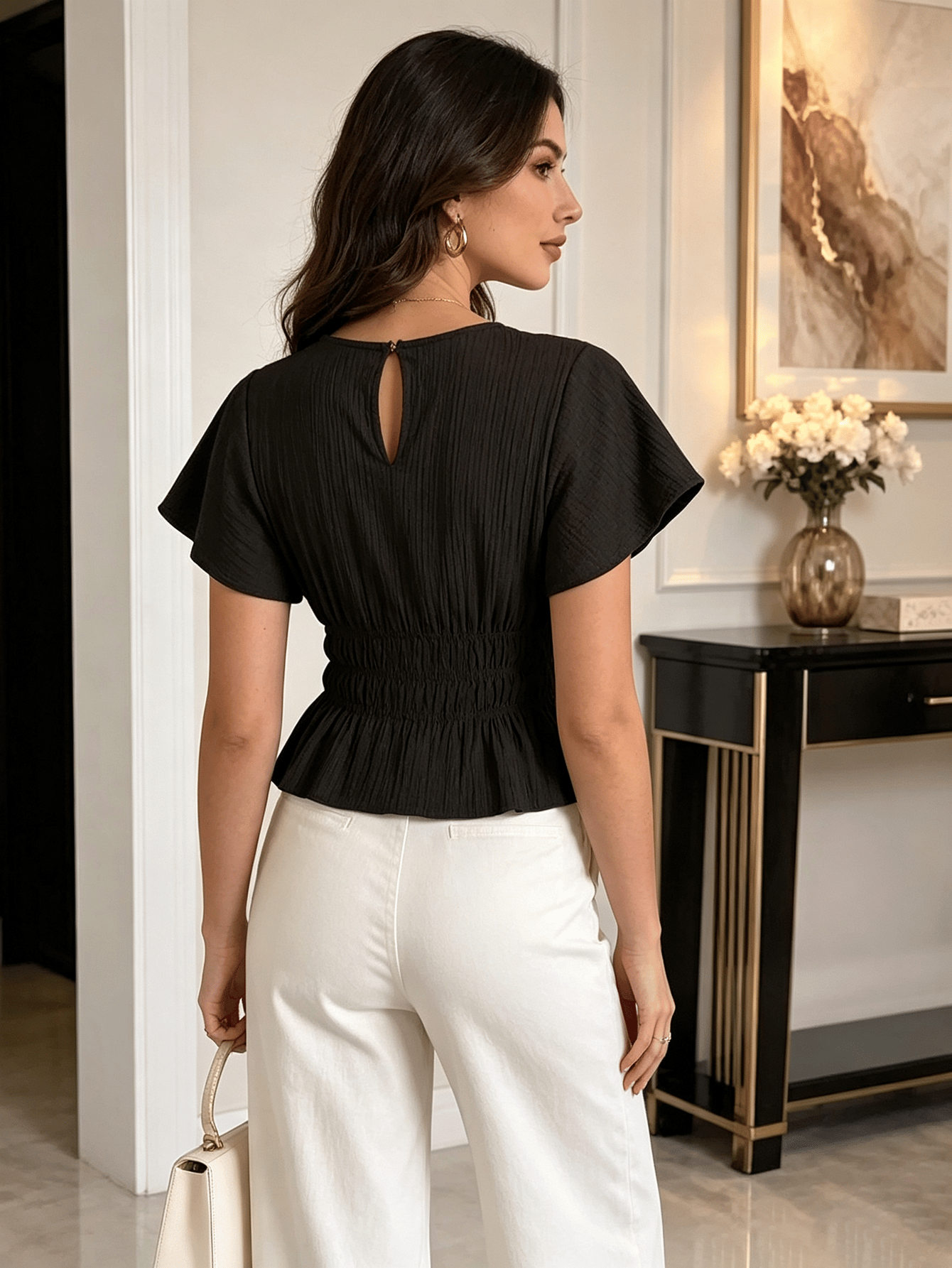 Black Texture Round Neck Top