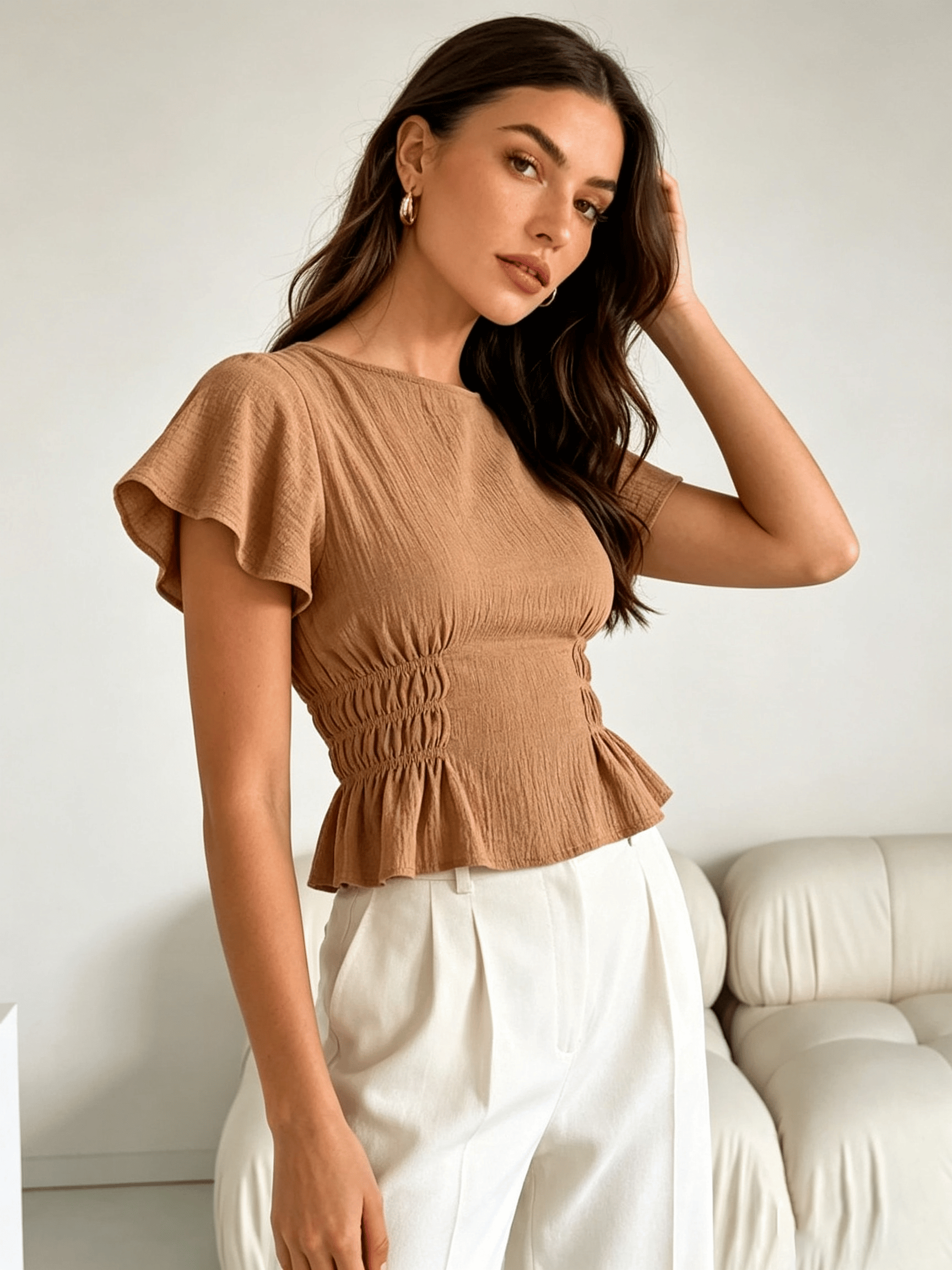 Khaki Texture Round Neck Blouse
