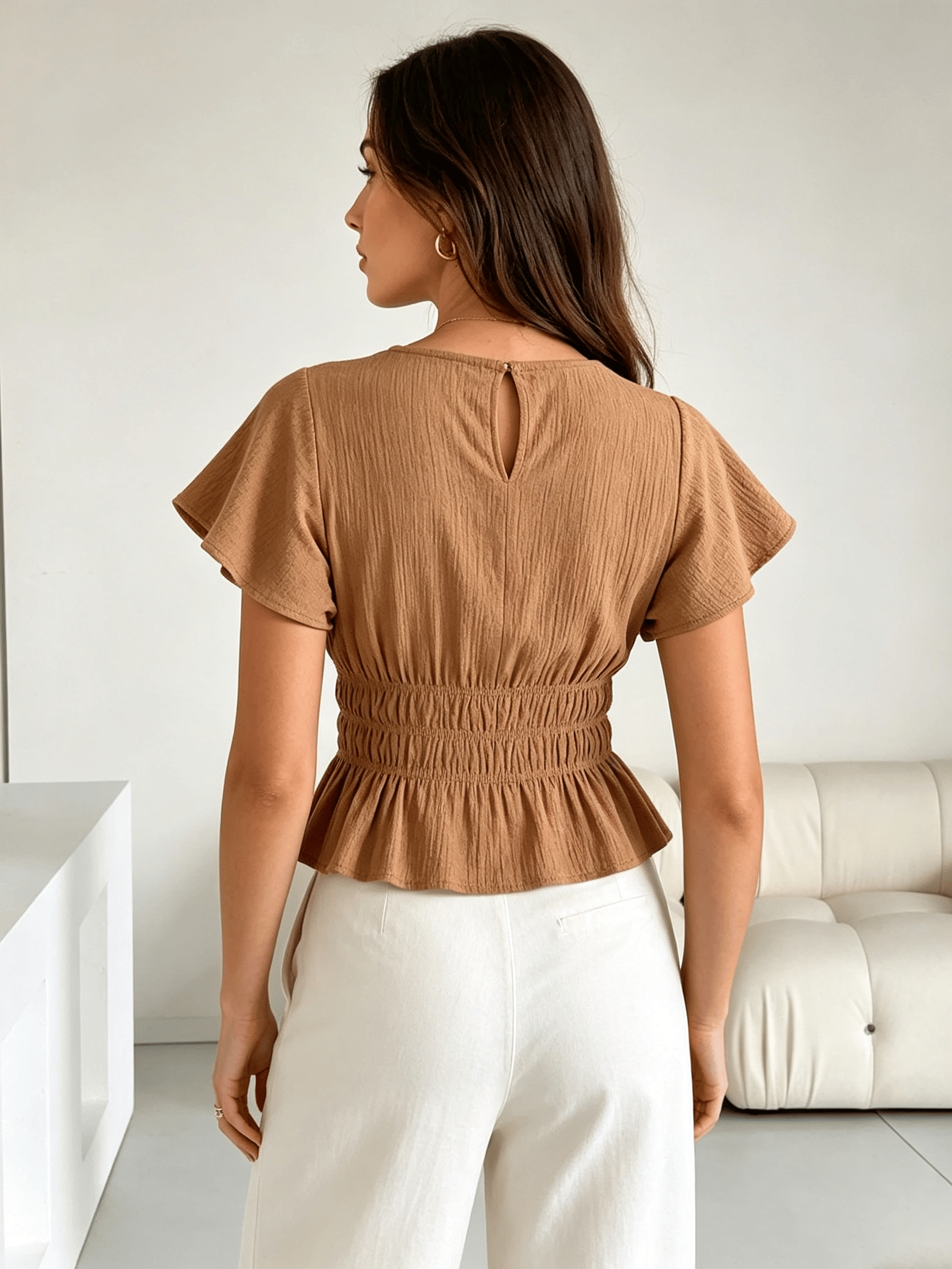 Khaki Texture Round Neck Blouse