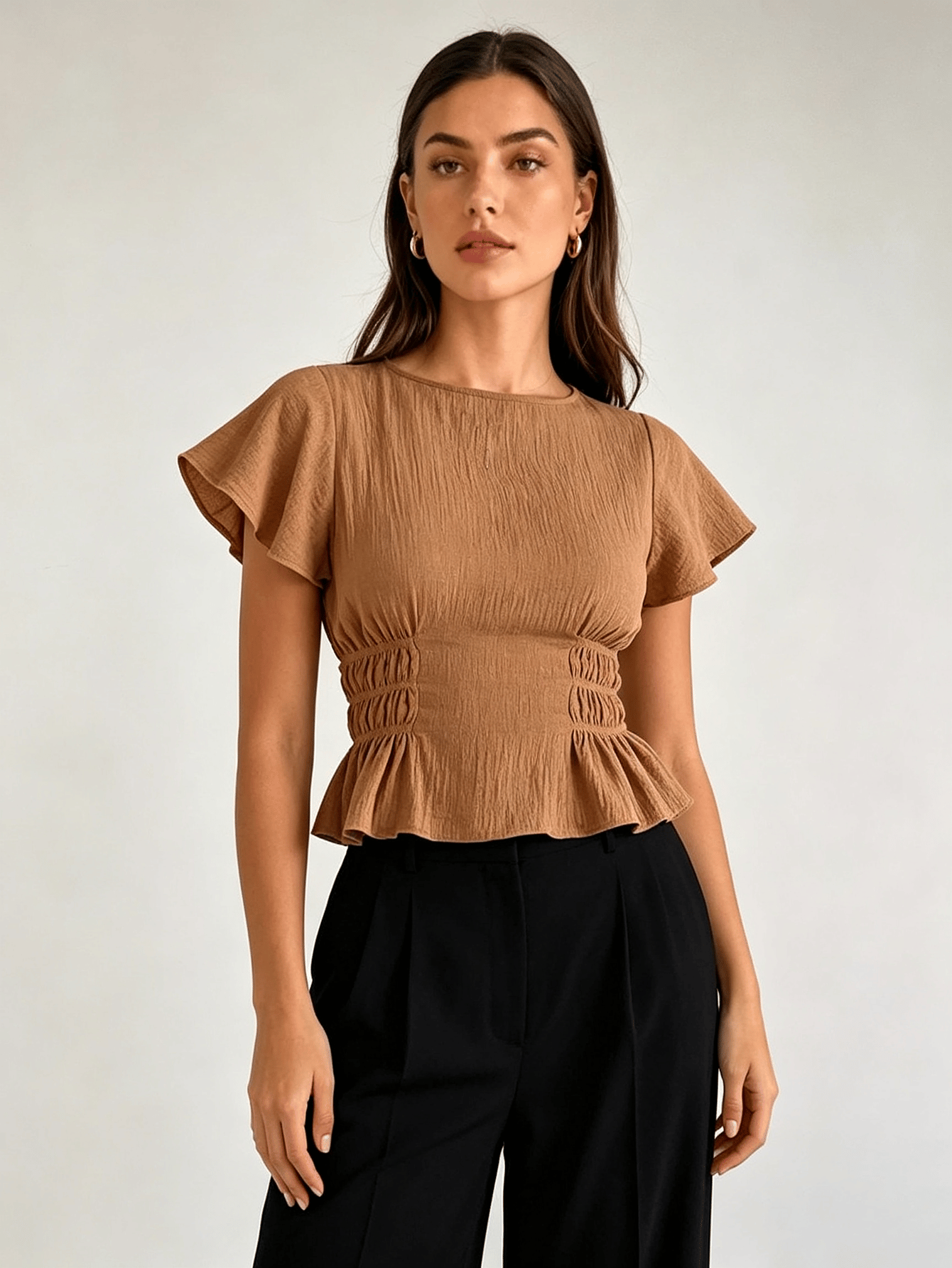 Khaki Texture Round Neck Blouse