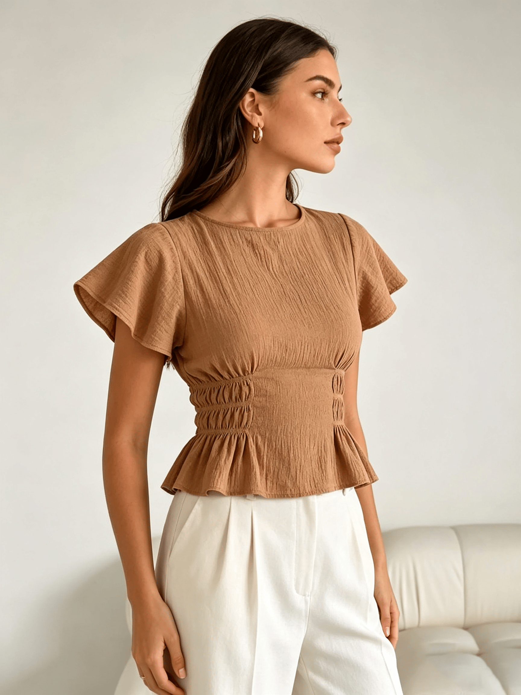 Khaki Texture Round Neck Blouse